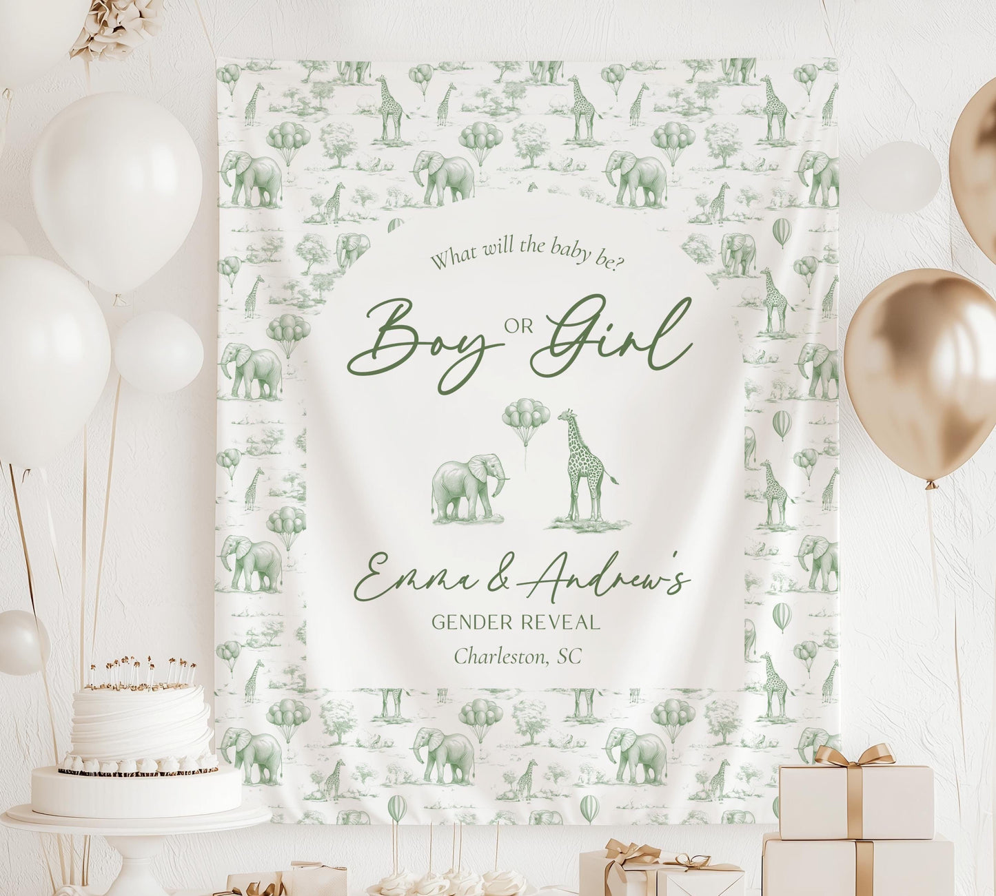 Custom He or She Reveal Gender Reveal Backdrop Sage Green Gender Reveal Giant Backdrop Neutral Baby Shower Tapestry Toile Safari Backdrop - LAUMIANstudio