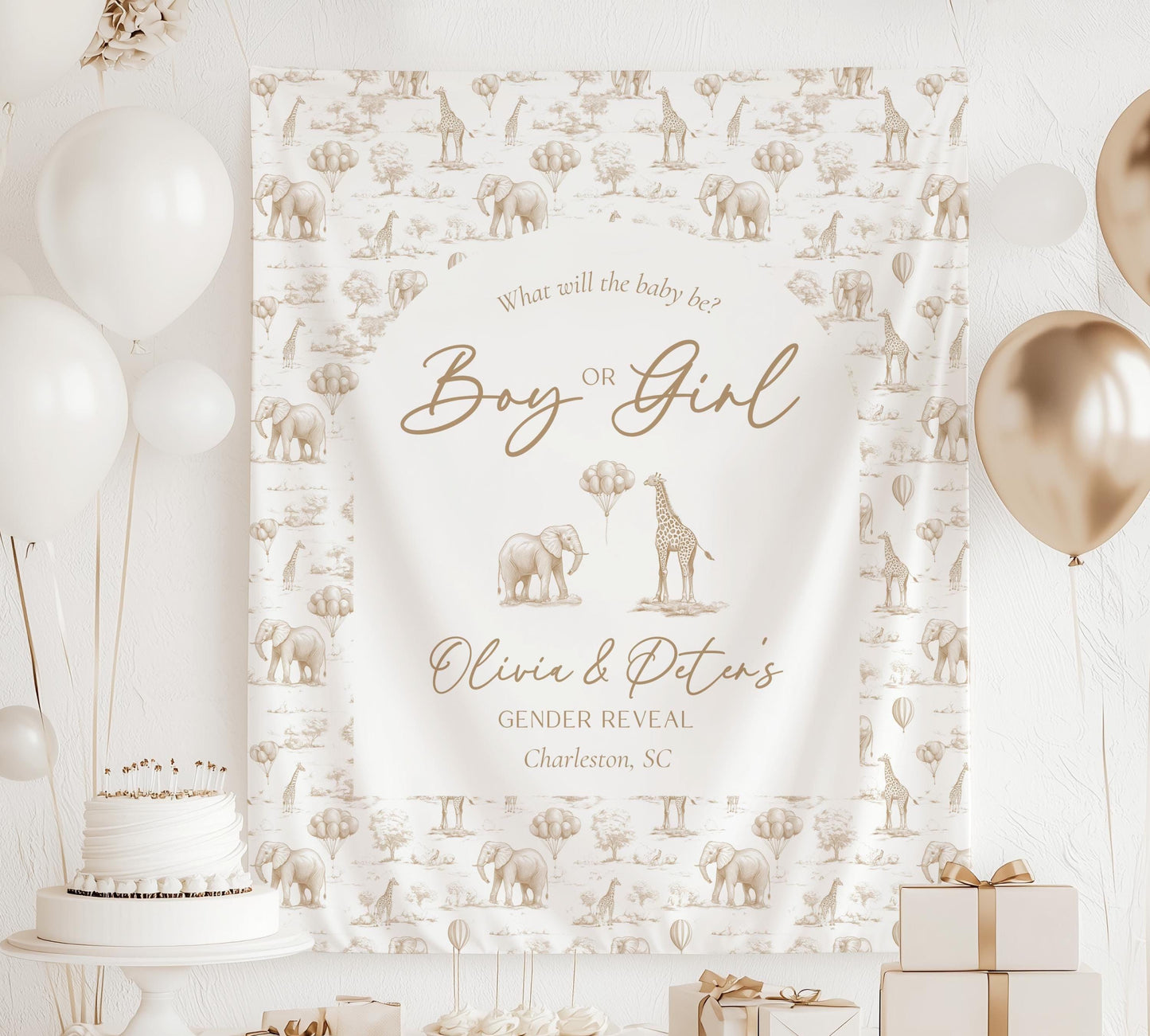Neutral Gender Reveal Backdrop Beige Gender Reveal Party Decor Toile Beige Giant Backdrop Toile Animal Boy or Girl Backdrop He or She Reveal - LAUMIANstudio