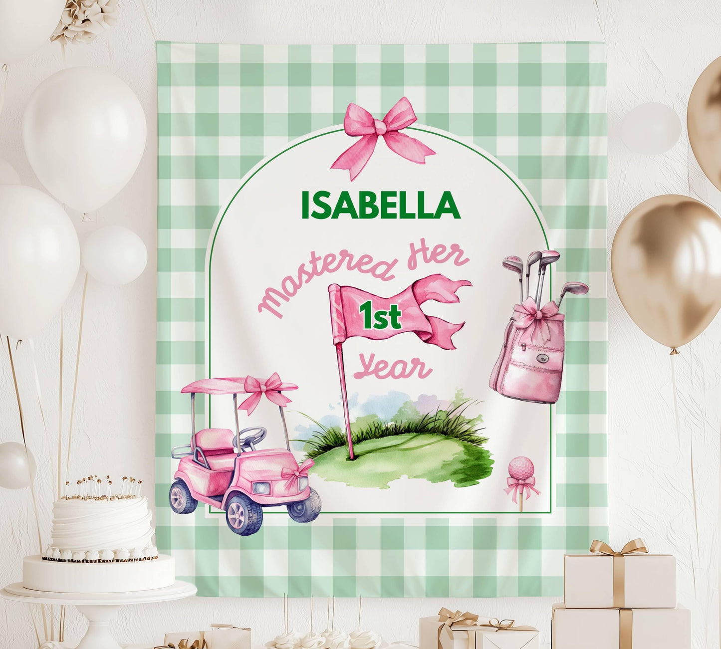 Custom Golf First Birthday Banner Baby Girl Golf Photo Banner Custom Pink Masters Birthday Backdrop Girl First Birthday Golf Welcome Sign - LAUMIANstudio