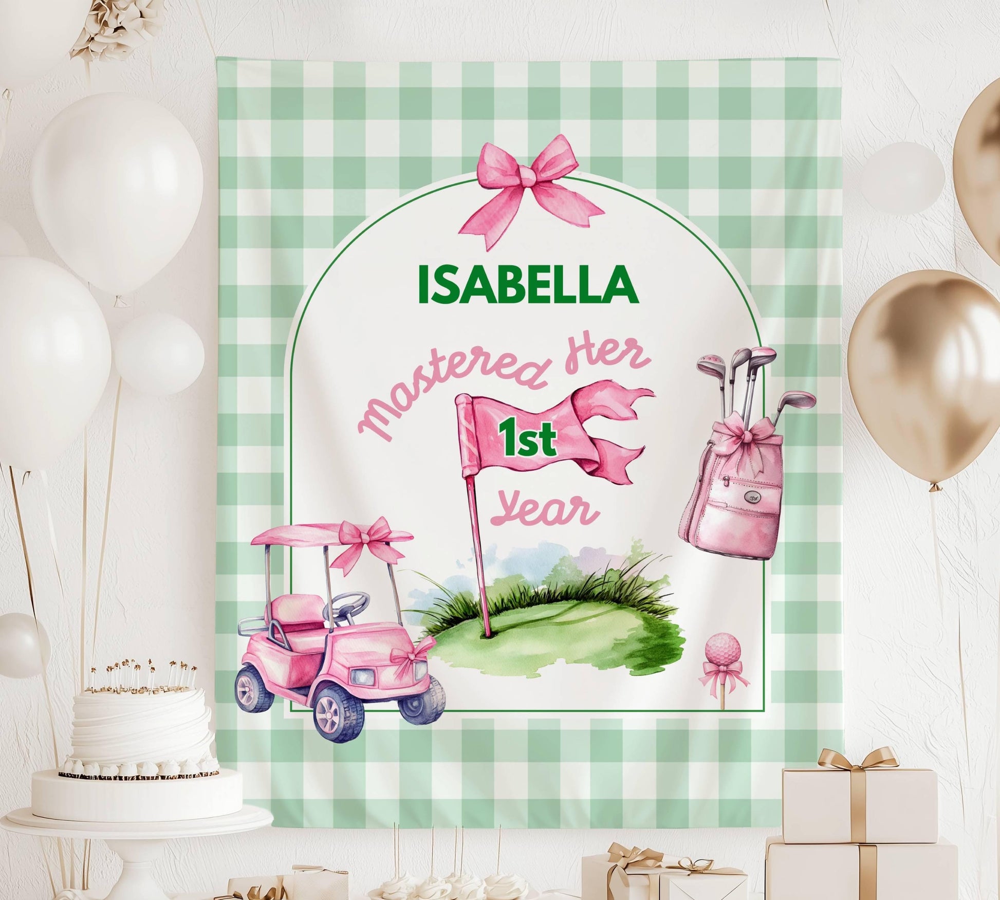 Custom Golf First Birthday Banner Baby Girl Golf Photo Banner Custom Pink Masters Birthday Backdrop Girl First Birthday Golf Welcome Sign - LAUMIANstudio