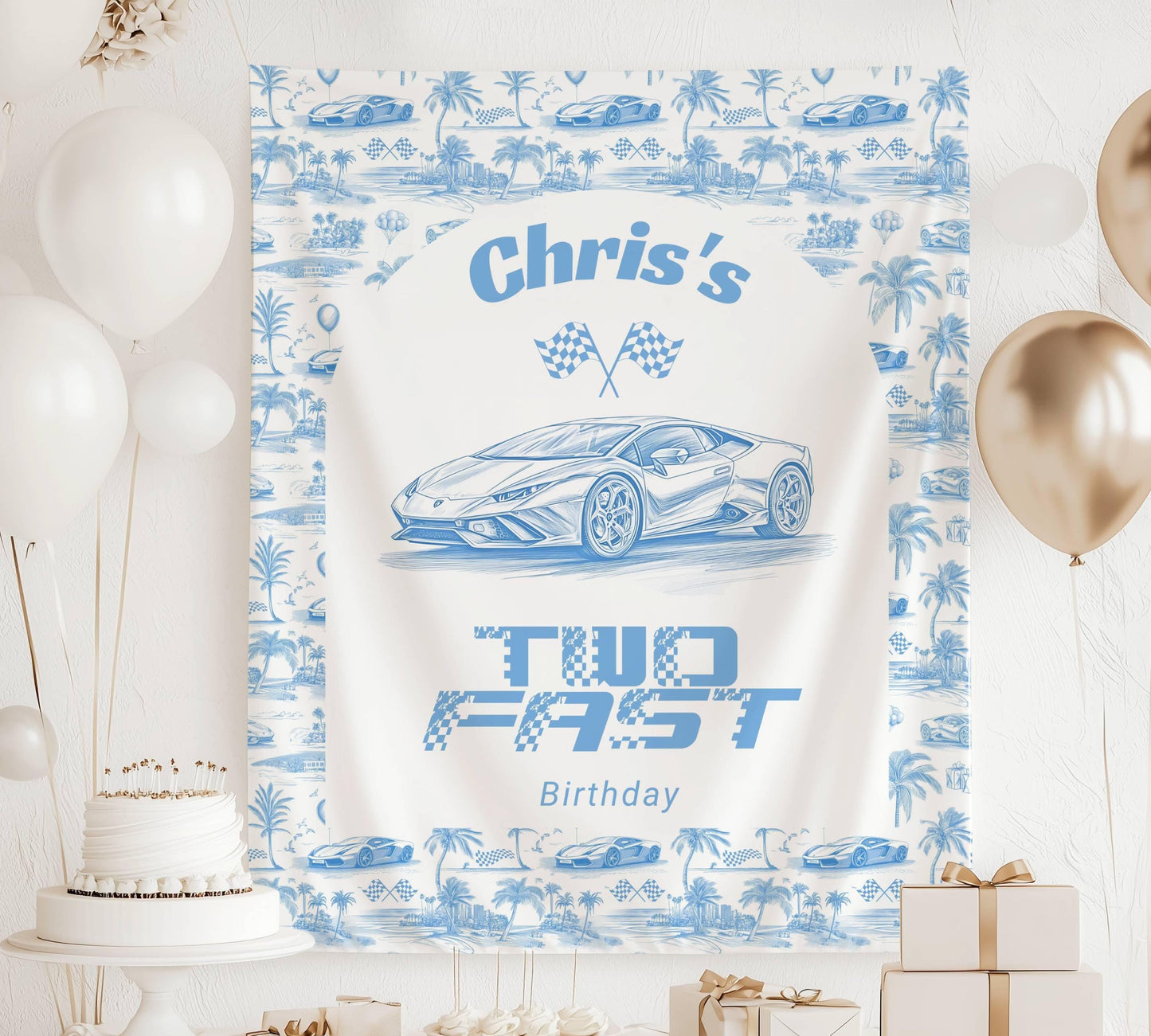 Second Birthday Blue Race Car Backdrop Two Fast Theme Birthday Decoration 2nd Birthday Boy Car Banner Toile Race Car Sign Two Fast Birthday - LAUMIANstudio