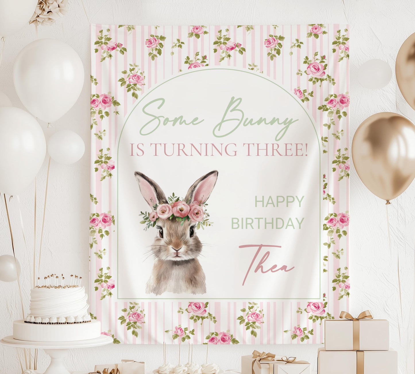 Personalized Bunny is Turning Three Sign Spring Birthday Party Backdrop Cute Bunny Pink Banner Idea Bunny Birthday Party Decor Bunny Sign - LAUMIANstudio