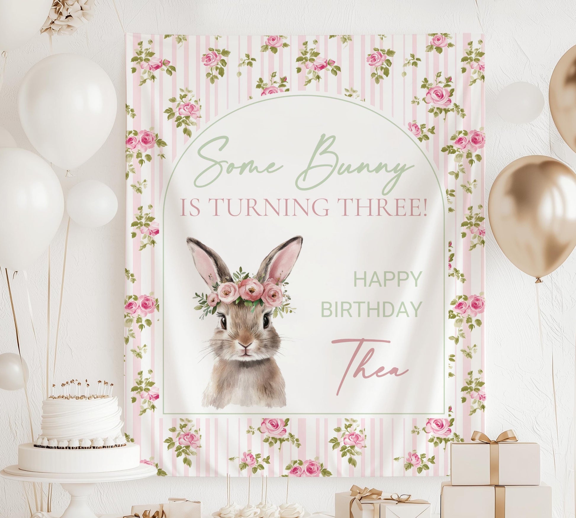 Personalized Bunny is Turning Three Sign Spring Birthday Party Backdrop Cute Bunny Pink Banner Idea Bunny Birthday Party Decor Bunny Sign - LAUMIANstudio
