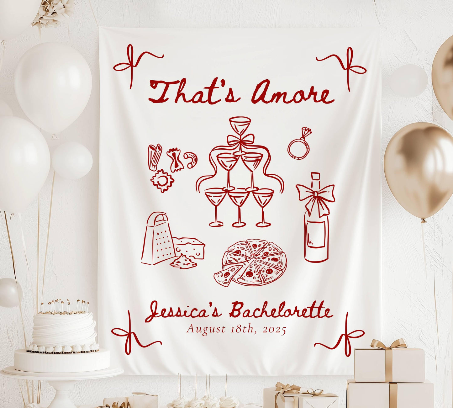 Thats Amore Bachelorette Banner: Lineart Graphics Italian Bridal Shower Decor Pink Red Striped - LAUMIANstudio