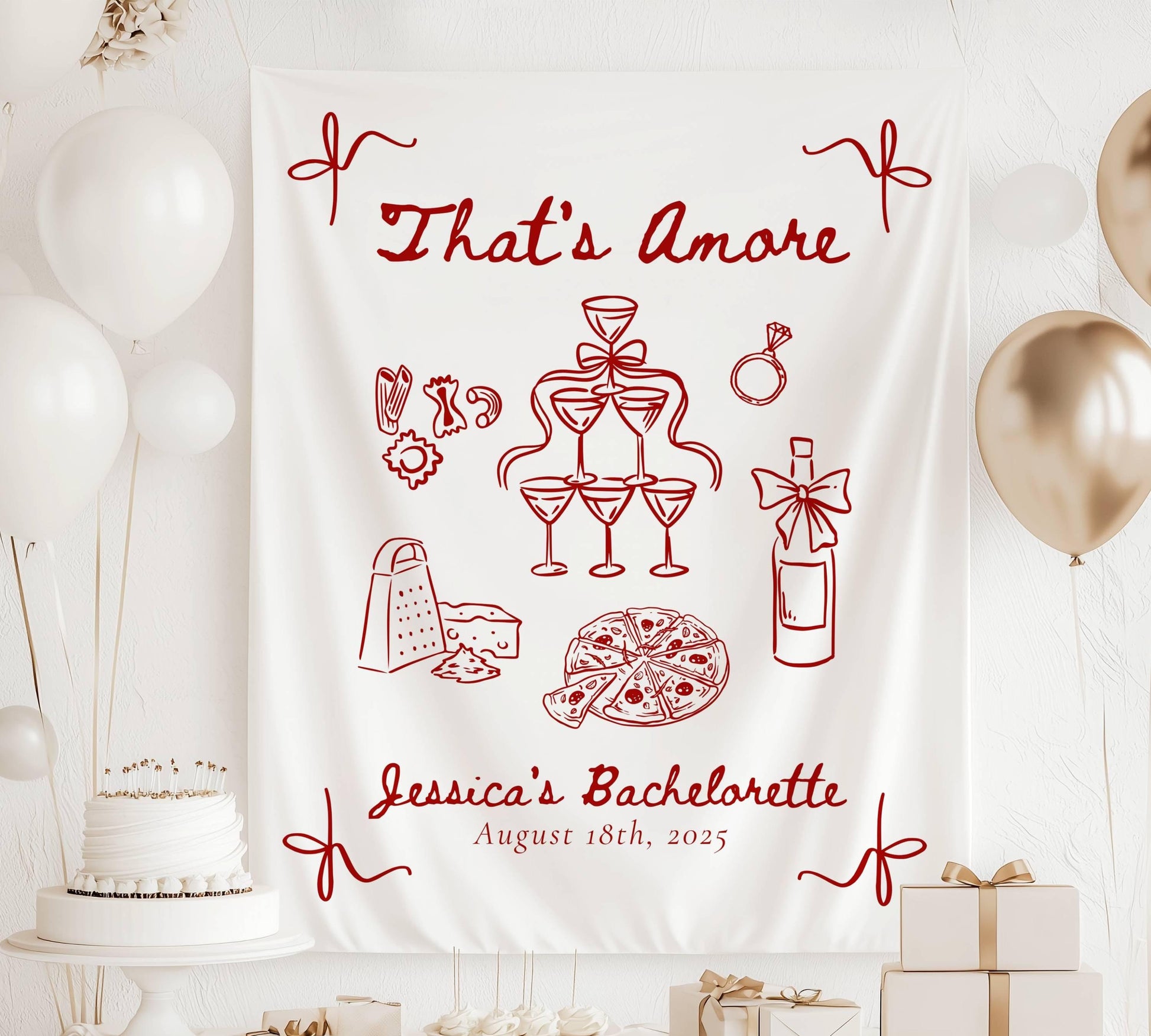 Thats Amore Bachelorette Banner: Lineart Graphics Italian Bridal Shower Decor Pink Red Striped - LAUMIANstudio
