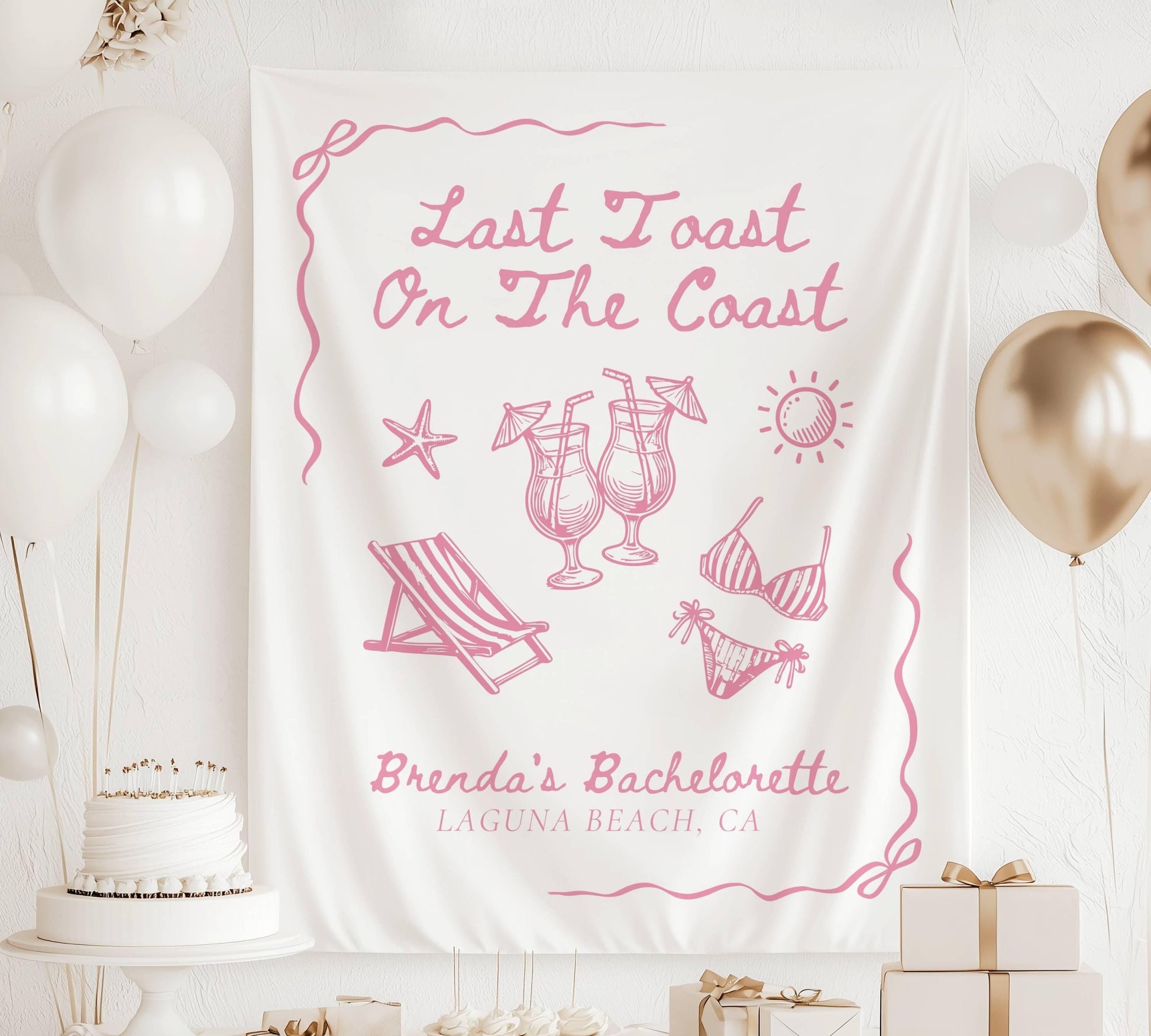 Personalized Pink Last Toast Coast Bachelorette Banner Girly Bikini Bridal Shower Banner Pink Coastal Bachelorette Backdrop Cocktail Beach - LAUMIANstudio