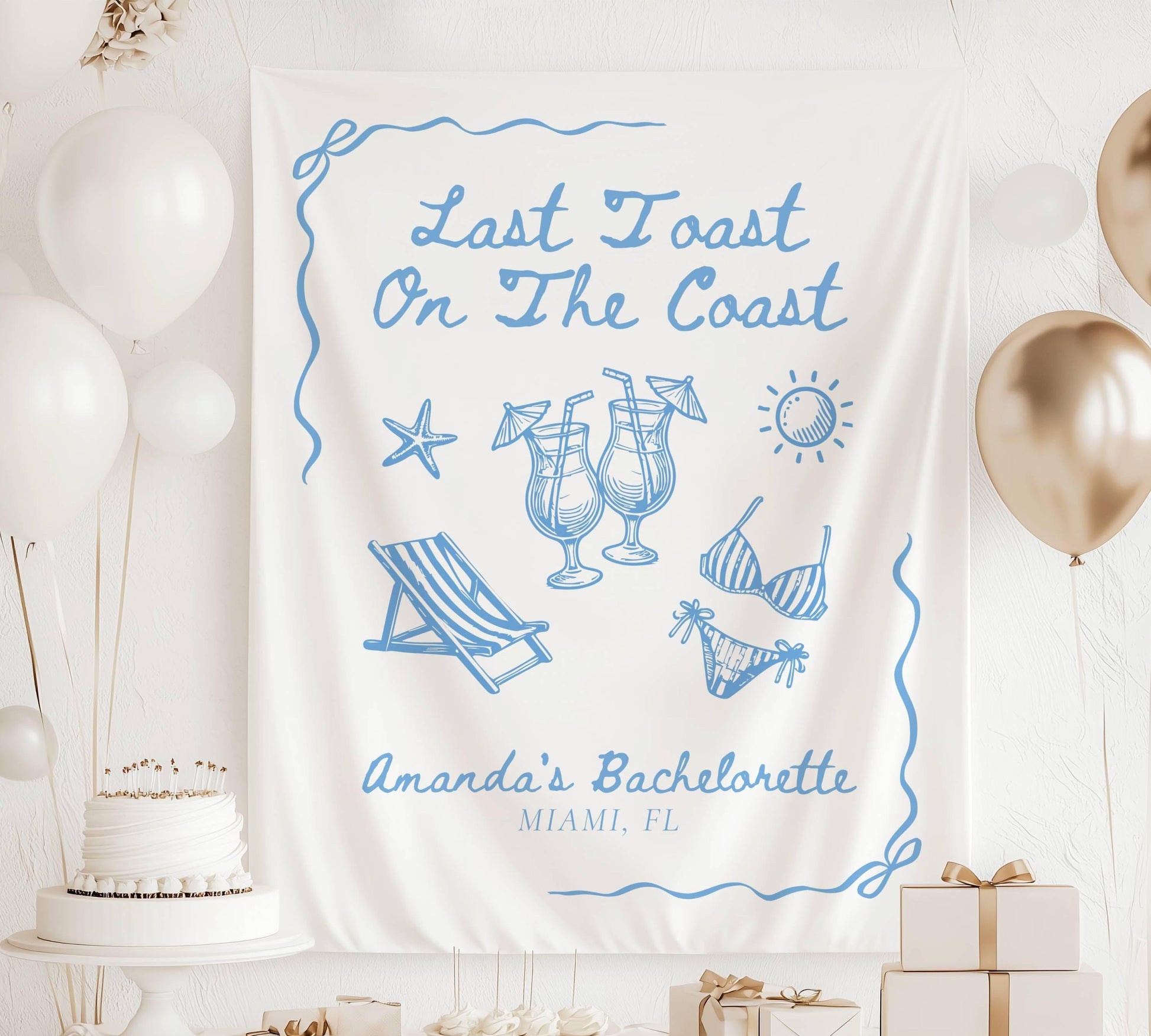 Custom Last Toast on the Coast Backdrop Blue Cocktail Bikini Banner Coastal Bridal Shower Tapestry Summer Bachelorette Party Welcome Sign - LAUMIANstudio