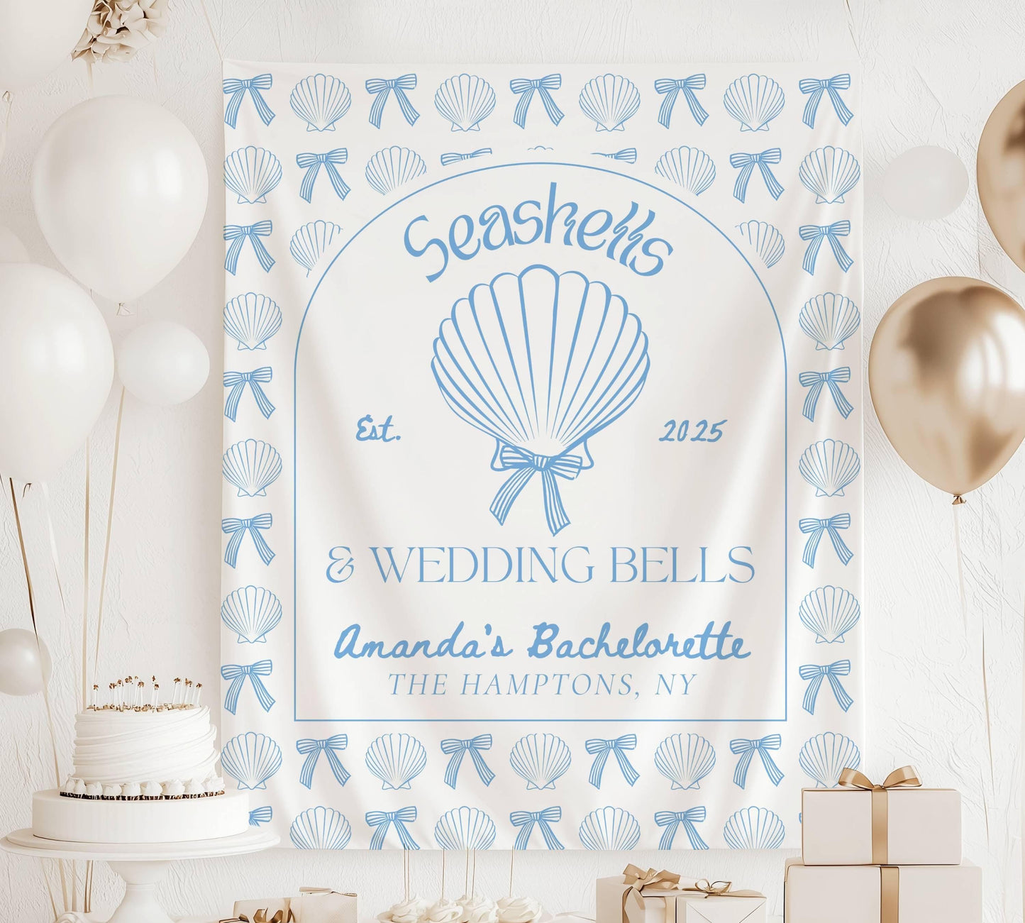 Seashells and Wedding Bells Banner Beach Bach Decor Seashell Coastal Girl Trip Backdrop Florida Bachelorette Banner Beach Bridal Shower Sign - LAUMIANstudio