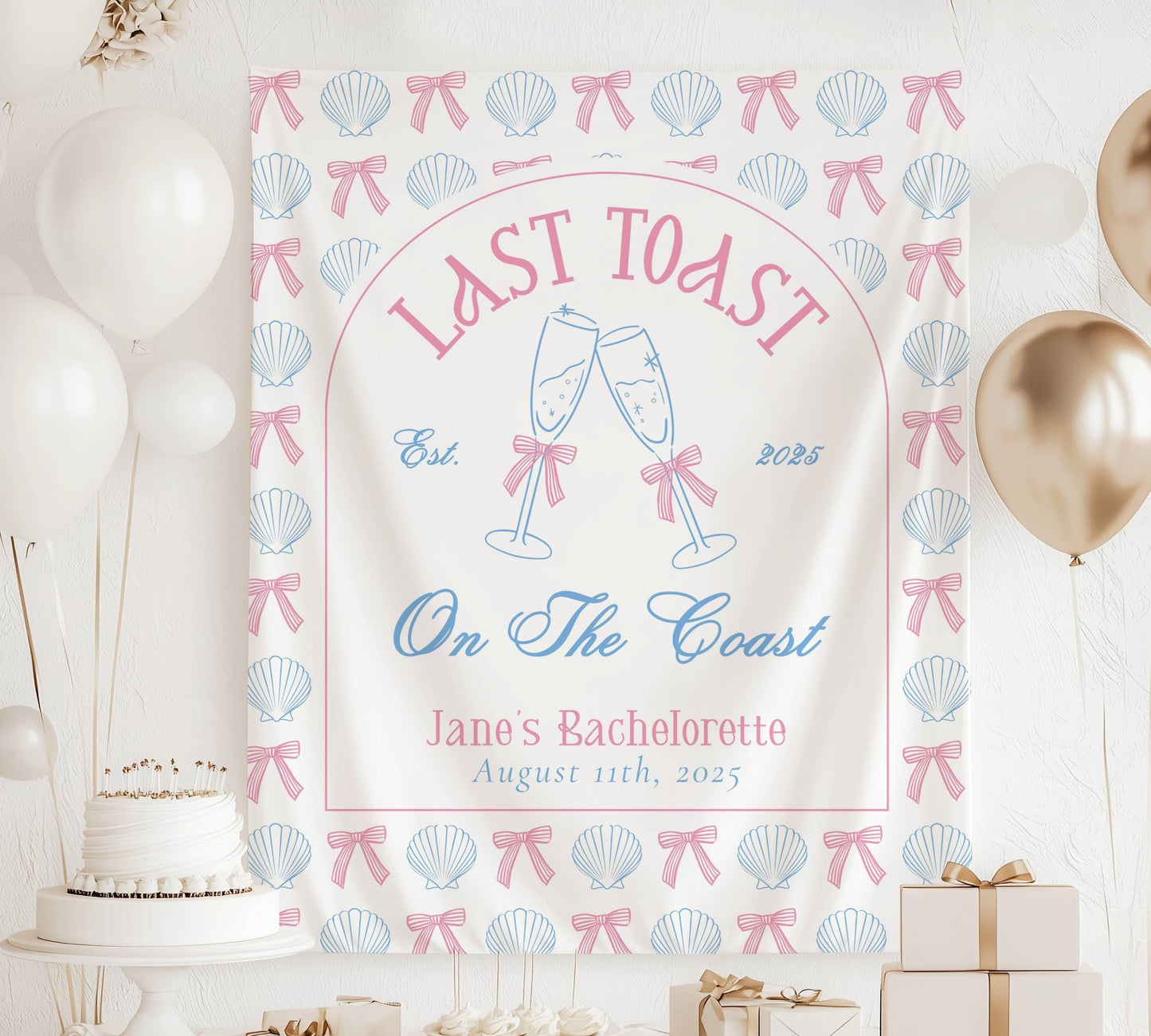 Custom Coastal Bachelorette Banner Pink Last Toast Backdrop Bow Champagne Bachelorette Party Backdrop Coastal Bach Weekend Sign Beach Party - LAUMIANstudio