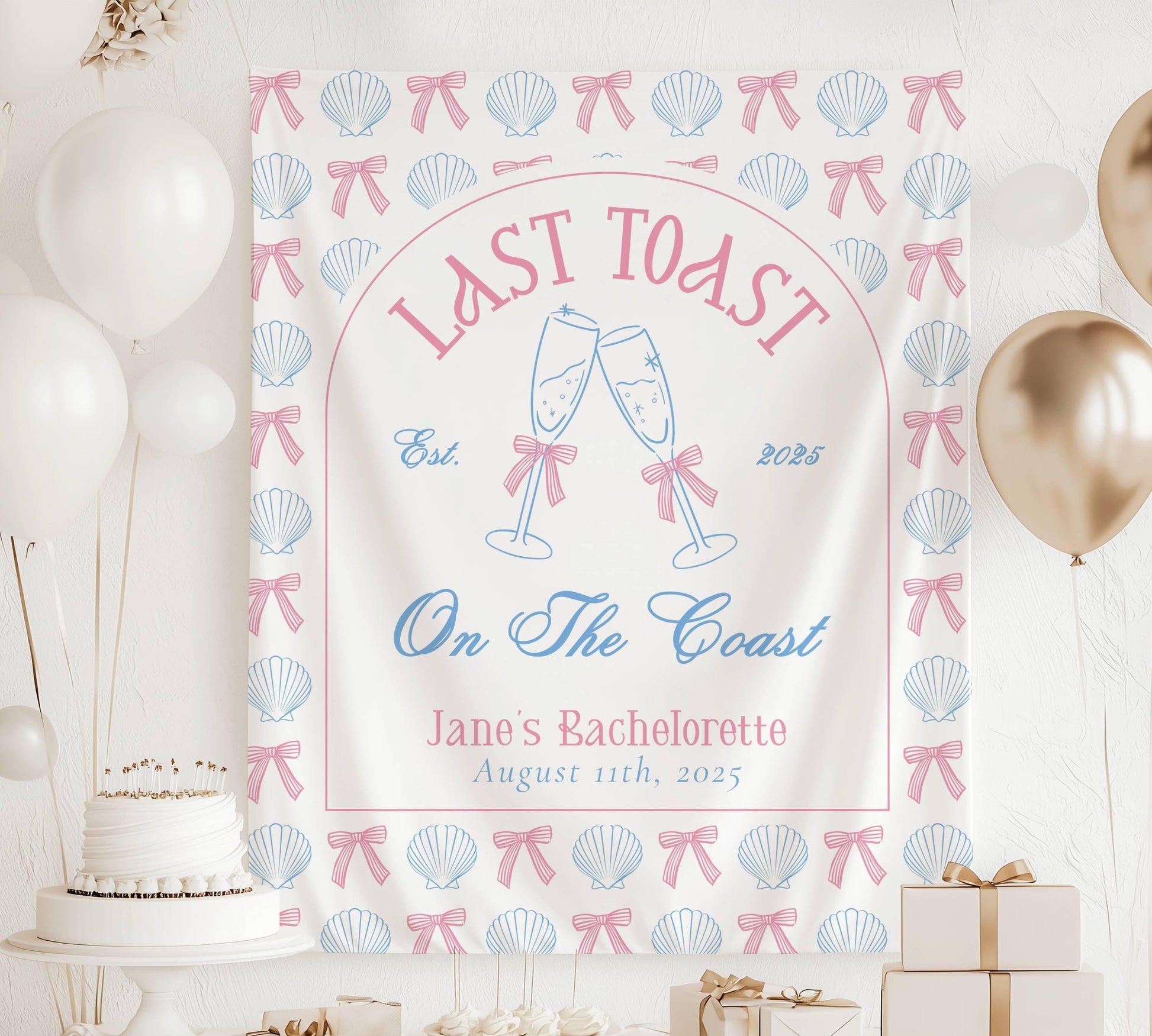 Custom Coastal Bachelorette Banner Pink Last Toast Backdrop Bow Champagne Bachelorette Party Backdrop Coastal Bach Weekend Sign Beach Party - LAUMIANstudio