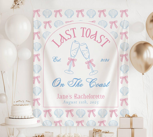 Custom Coastal Bachelorette Banner Pink Last Toast Backdrop Bow Champagne Bachelorette Party Backdrop Coastal Bach Weekend Sign Beach Party - LAUMIANstudio
