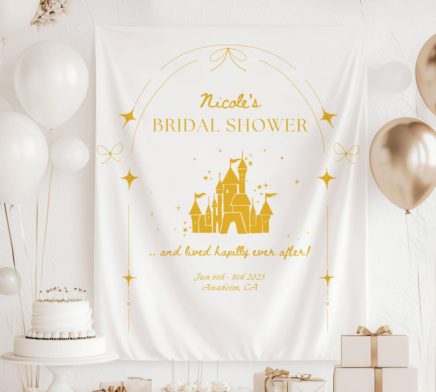 Happily Ever After Banner: Personalizable Castle Bachelorette Backdrop, Princess Bridal Shower Wall Tapestry - Yellow, Pink, Blue, Black - LAUMIANstudio