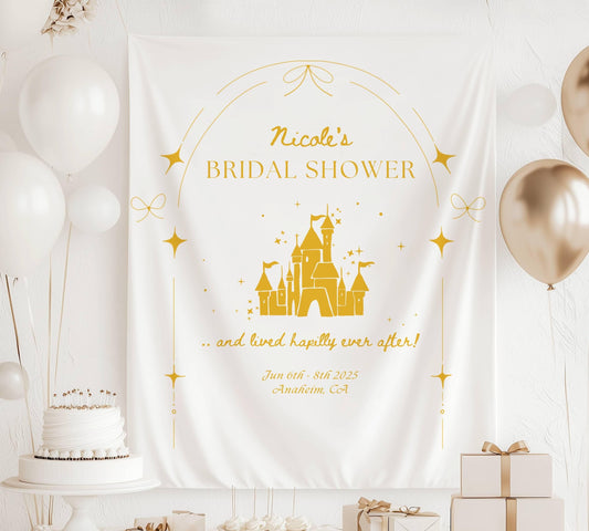 Happily Ever After Banner: Personalizable Castle Bachelorette Backdrop, Princess Bridal Shower Wall Tapestry - Yellow, Pink, Blue, Black - LAUMIANstudio