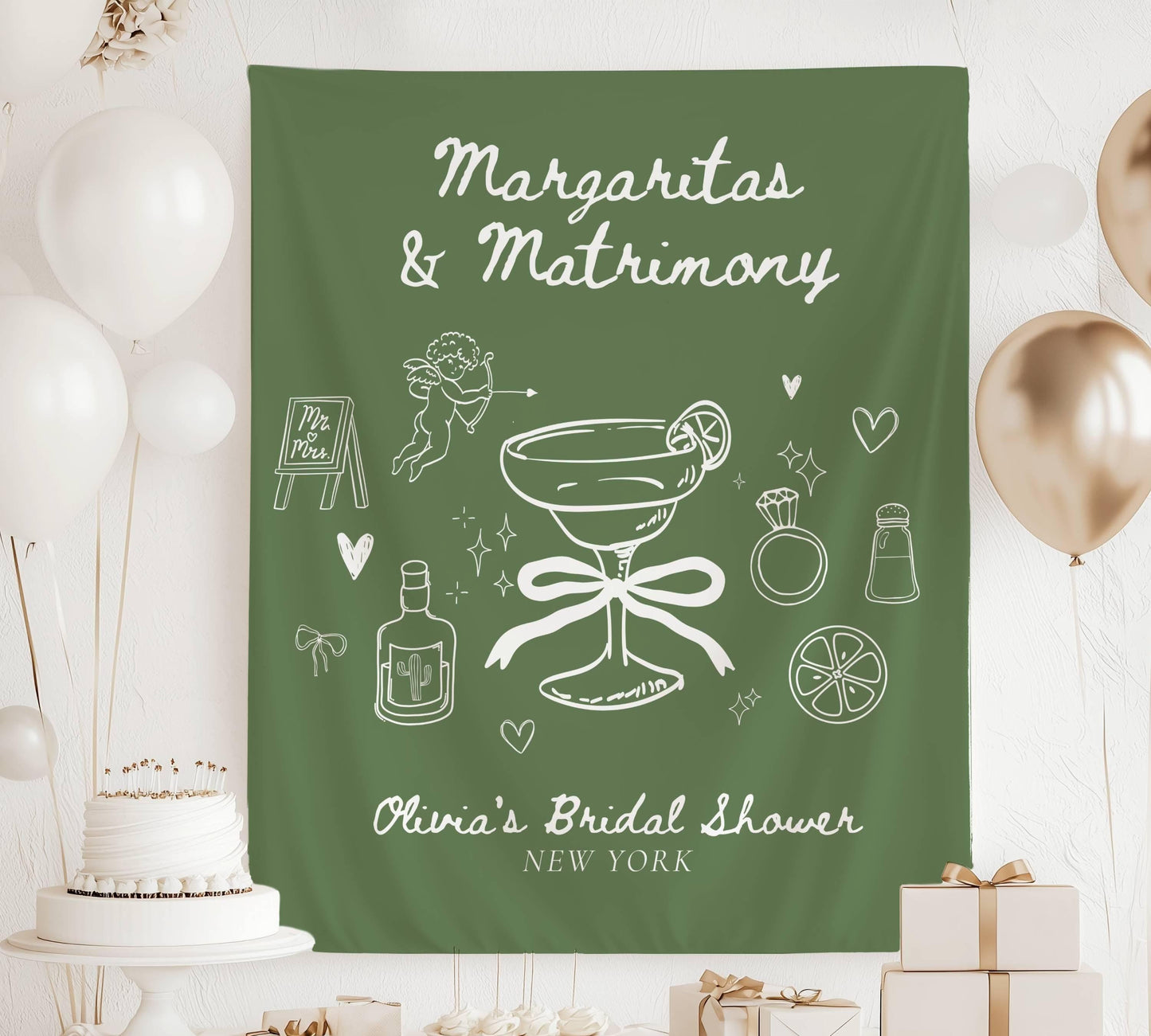 Margaritas & Matrimony Backdrop: Personalized Bachelorette Banner, Sage Green, Bridal Shower Decor - LAUMIANstudio