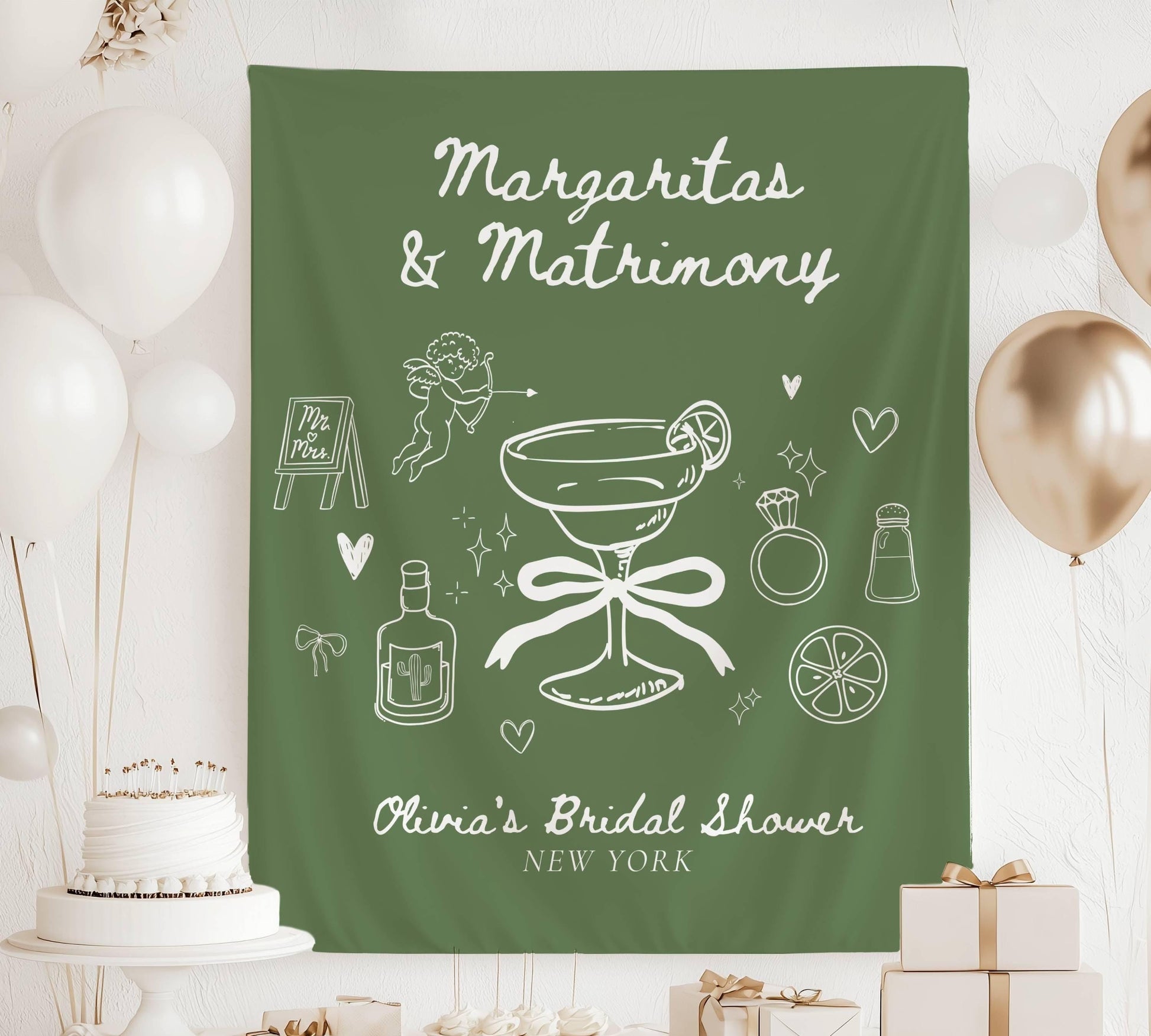Margaritas & Matrimony Backdrop: Personalized Bachelorette Banner, Sage Green, Bridal Shower Decor - LAUMIANstudio