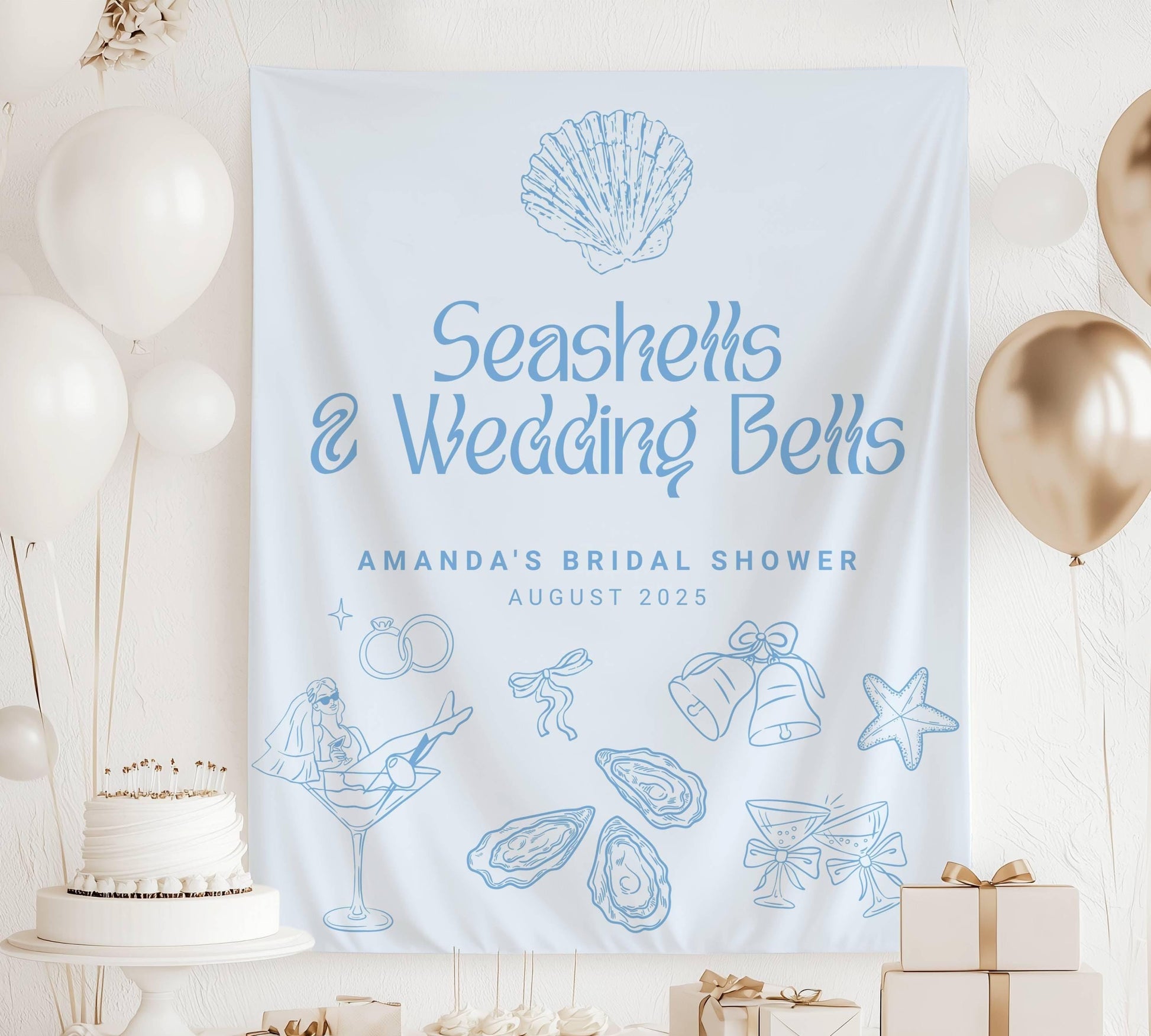Seashells & Wedding Bells Banner: Personalized Bachelorette Backdrop, Blue, Lineart Graphics - LAUMIANstudio