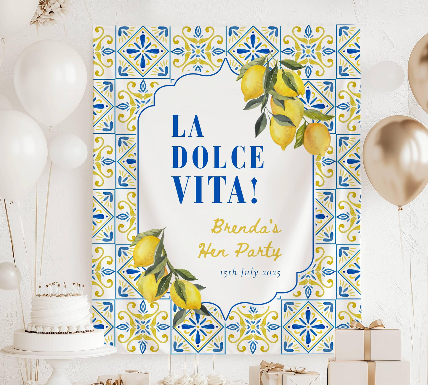 La Dolce Vita Backdrop Italy Bridal Shower Custom Mediterranean Bach Decor Limoncello Bachelorette Banner Lemon Italian Bachelorette Blue - LAUMIANstudio