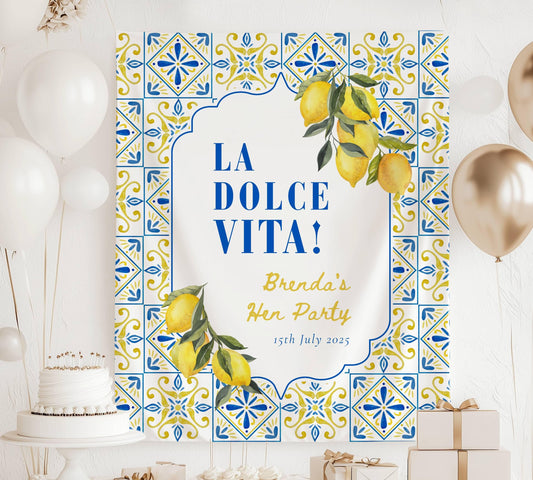 La Dolce Vita Backdrop Italy Bridal Shower Custom Mediterranean Bach Decor Limoncello Bachelorette Banner Lemon Italian Bachelorette Blue - LAUMIANstudio