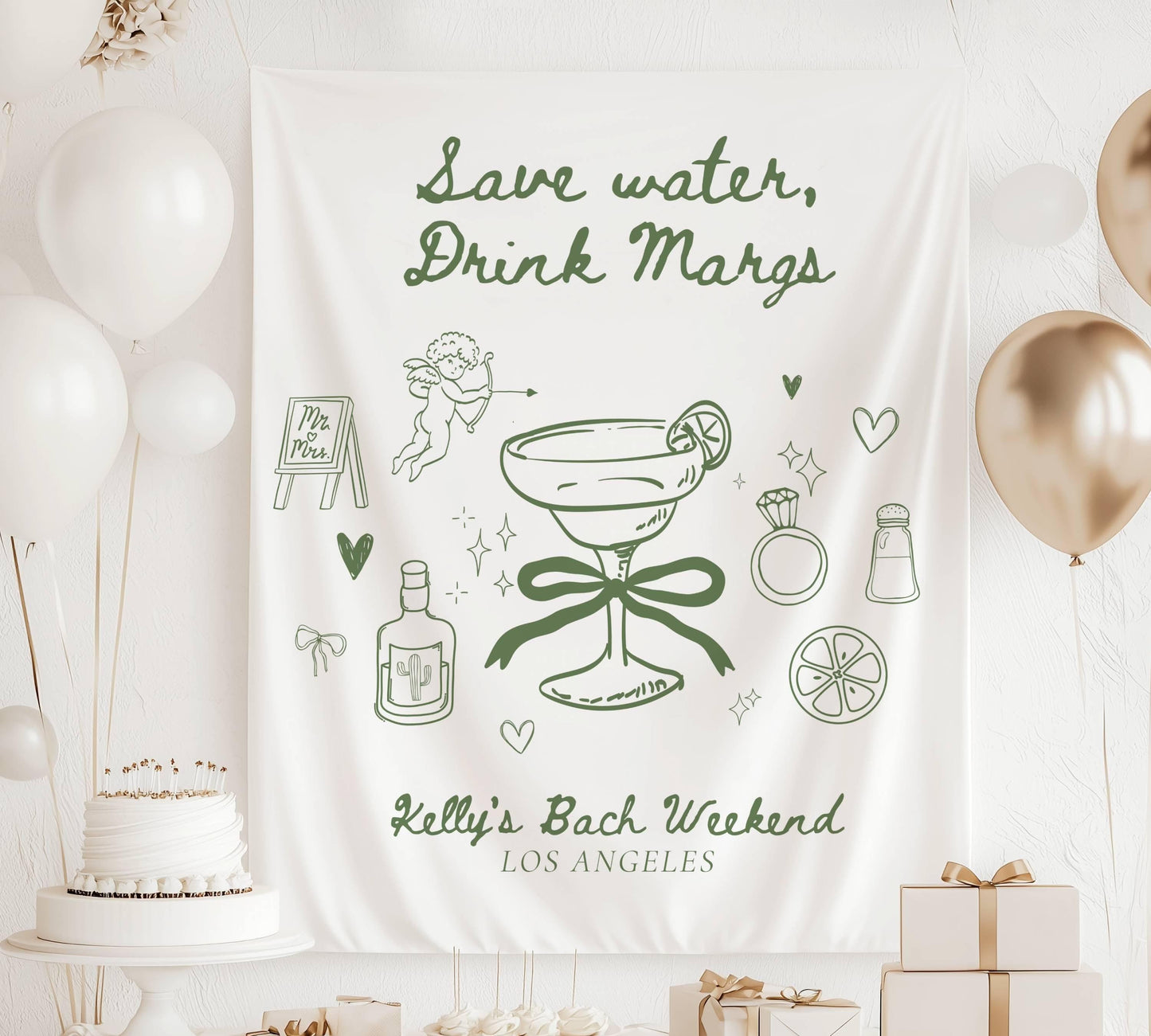 Save Water Drink Margs Banner: Mexico Bachelorette Decor, Margarita Wall Tapestry for Bridal Shower - LAUMIANstudio