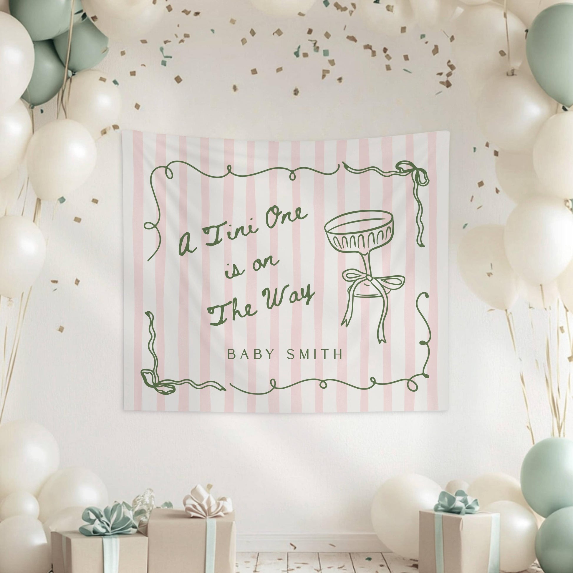 Tini One is on The Way Baby Shower Backdrop Elegant Tini Baby Shower Banner Striped Baby Shower Decor Martini Bow Shower Tapestry Cocktail - LAUMIANstudio