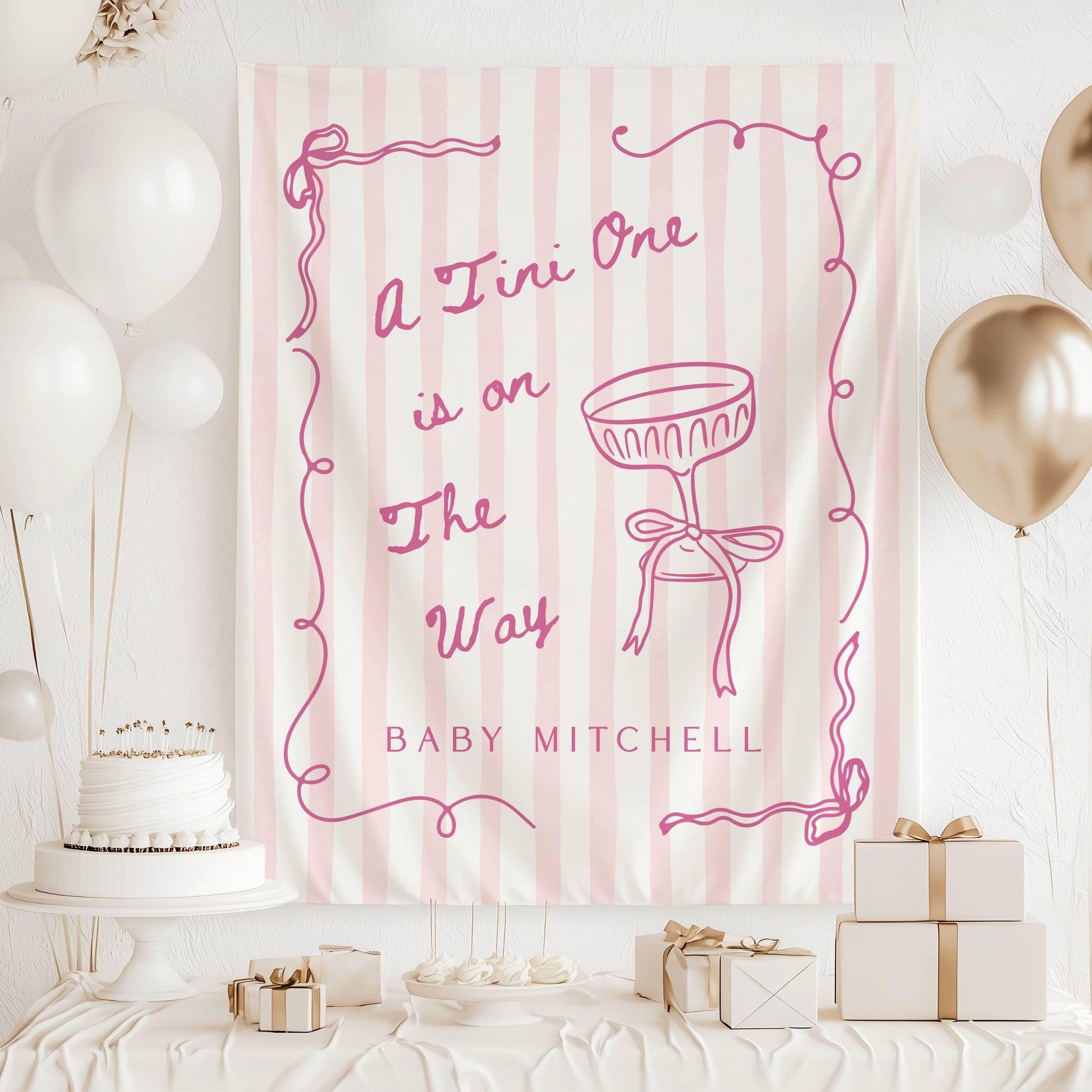 Tini One is on The Way Baby Shower Backdrop Elegant Tini Baby Shower Banner Striped Baby Shower Decor Martini Bow Shower Tapestry Cocktail - LAUMIANstudio