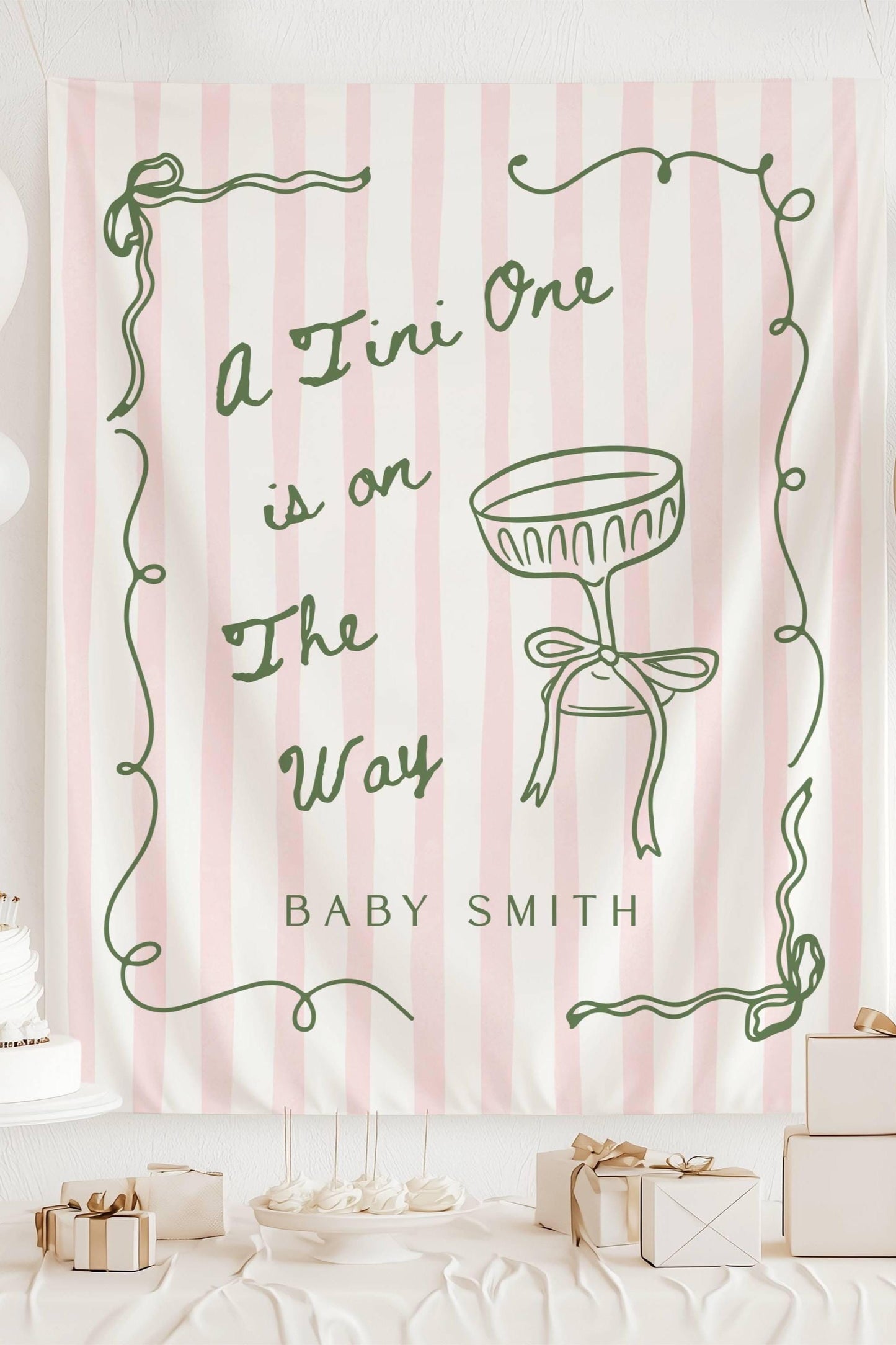 Tini One is on The Way Baby Shower Backdrop Elegant Tini Baby Shower Banner Striped Baby Shower Decor Martini Bow Shower Tapestry Cocktail - LAUMIANstudio