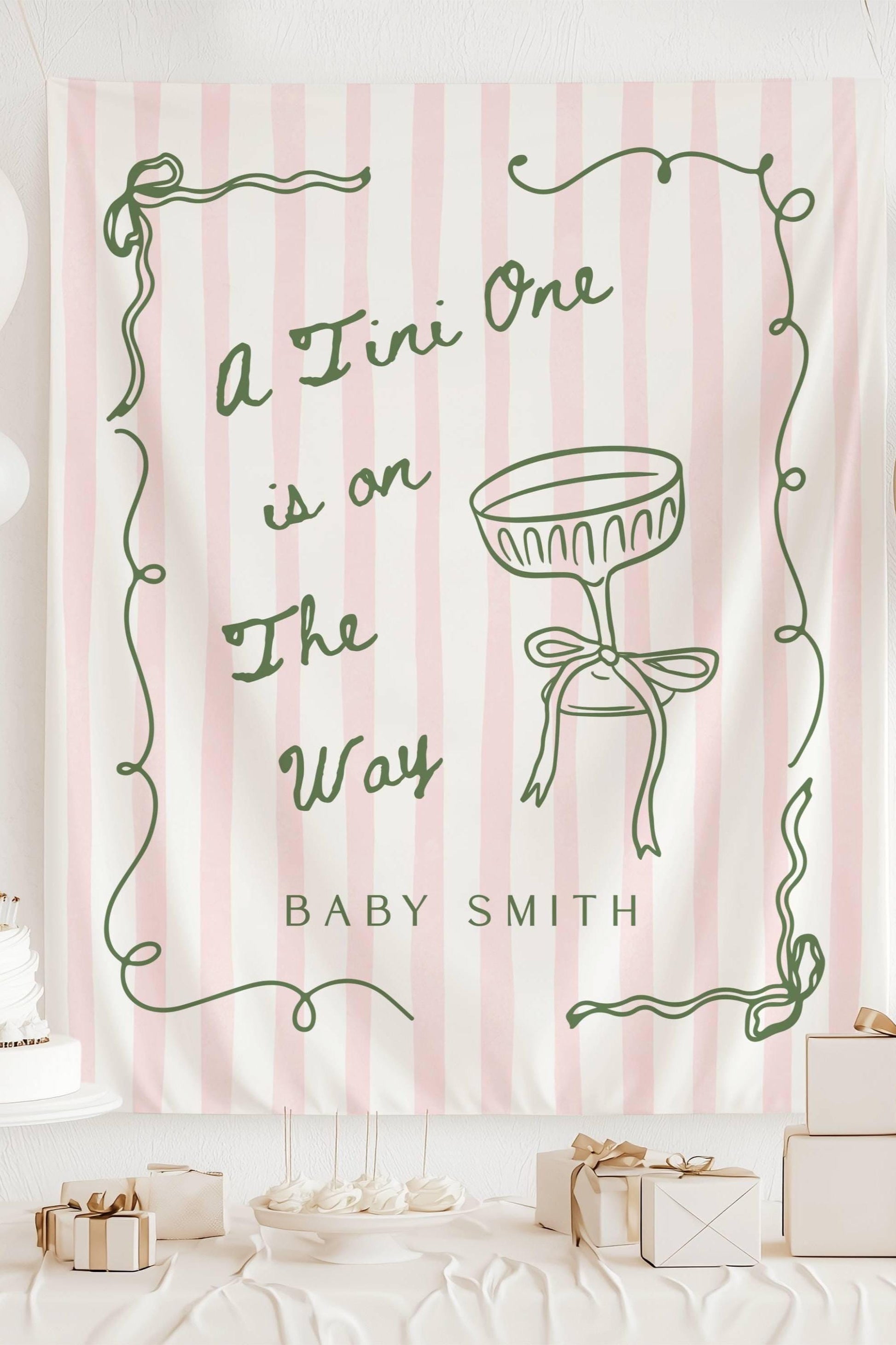 Tini One is on The Way Baby Shower Backdrop Elegant Tini Baby Shower Banner Striped Baby Shower Decor Martini Bow Shower Tapestry Cocktail - LAUMIANstudio