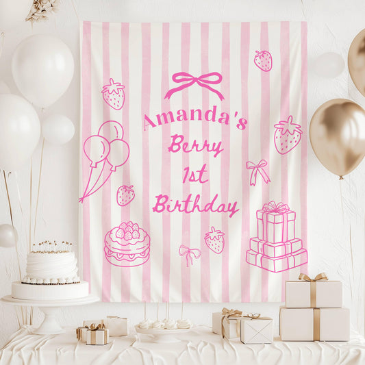 Berry First Birthday Banner: Personalized 1st Birthday Party Decor, Strawberry, Lineart - LAUMIANstudio