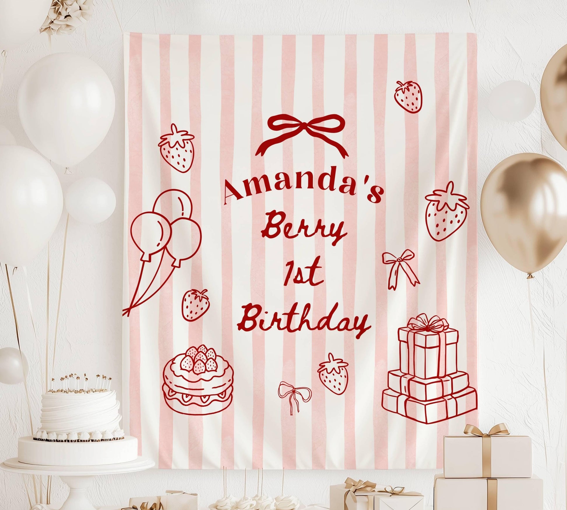Berry First Birthday Banner Custom Strawberry Backdrop 1st Birthday Strawberry Welcome Sign Berry First Birthday Decoration Strawberry Bday - LAUMIANstudio
