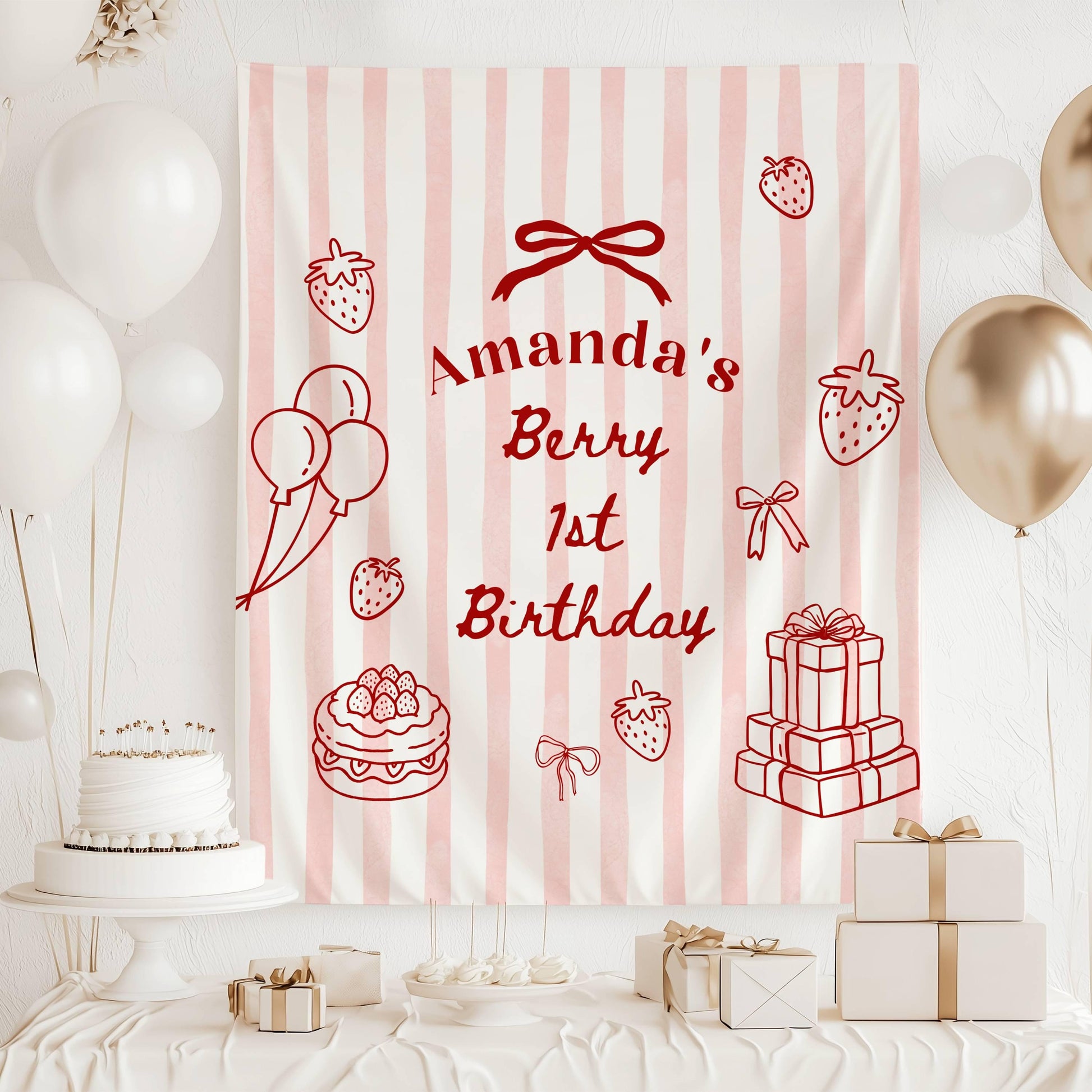 Berry First Birthday Banner: Personalized 1st Birthday Party Decor, Strawberry, Lineart - LAUMIANstudio