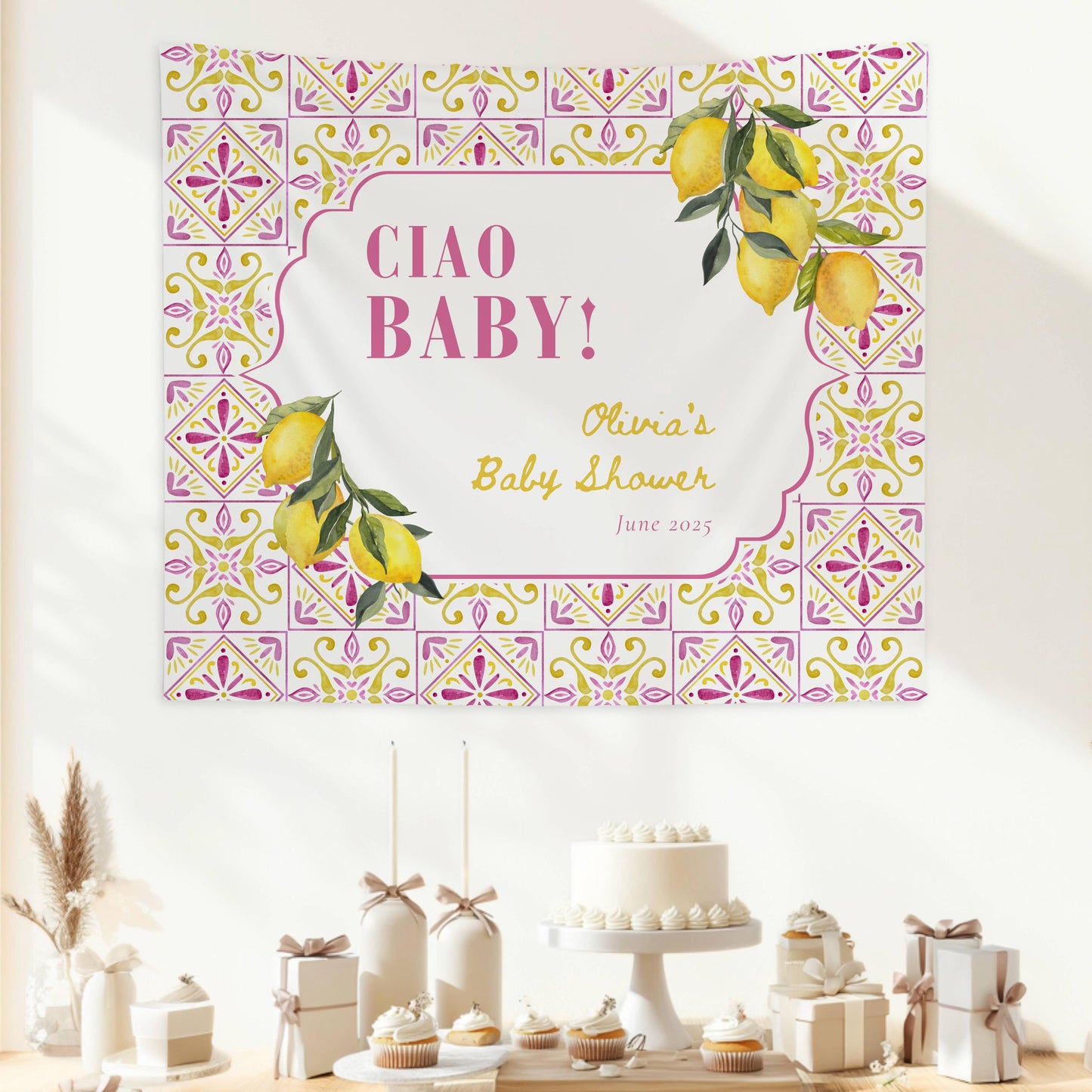 Amalfi Coast Baby Shower Banner Pink Ciao Baby Backdrop Italian Baby Shower Wall Tapestry Baby Shower Italy Lemon Banner Mediterranean Sign - LAUMIANstudio