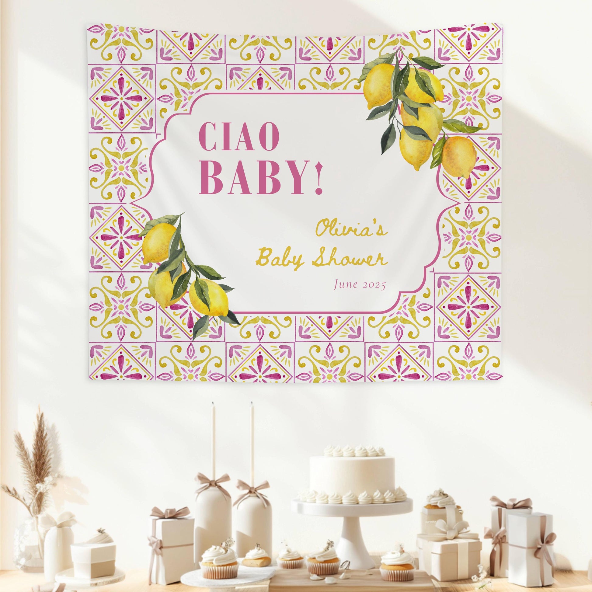 Amalfi Coast Baby Shower Banner Pink Ciao Baby Backdrop Italian Baby Shower Wall Tapestry Baby Shower Italy Lemon Banner Mediterranean Sign - LAUMIANstudio