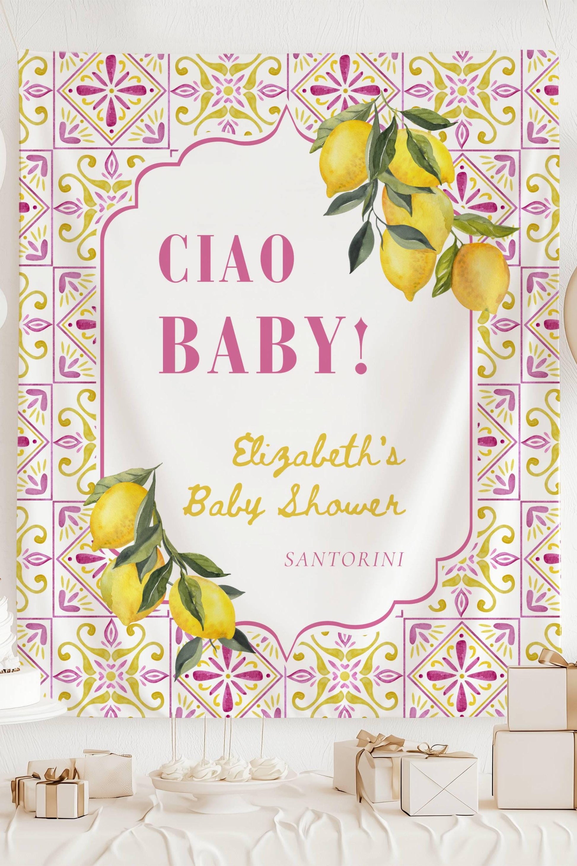 Amalfi Coast Baby Shower Banner Pink Ciao Baby Backdrop Italian Baby Shower Wall Tapestry Baby Shower Italy Lemon Banner Mediterranean Sign - LAUMIANstudio