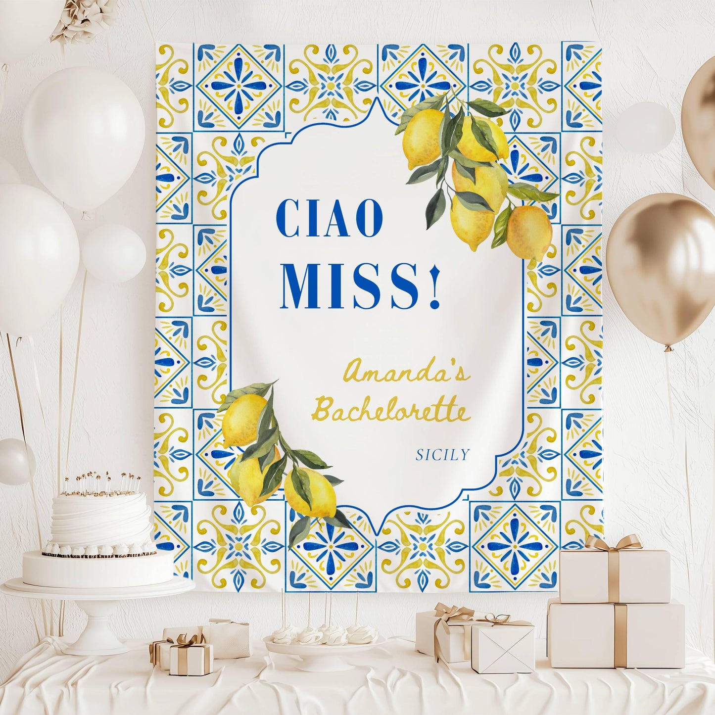 La Dolce Vita Backdrop Italy Bridal Shower Custom Mediterranean Bach Decor Limoncello Bachelorette Banner Lemon Italian Bachelorette Blue - LAUMIANstudio