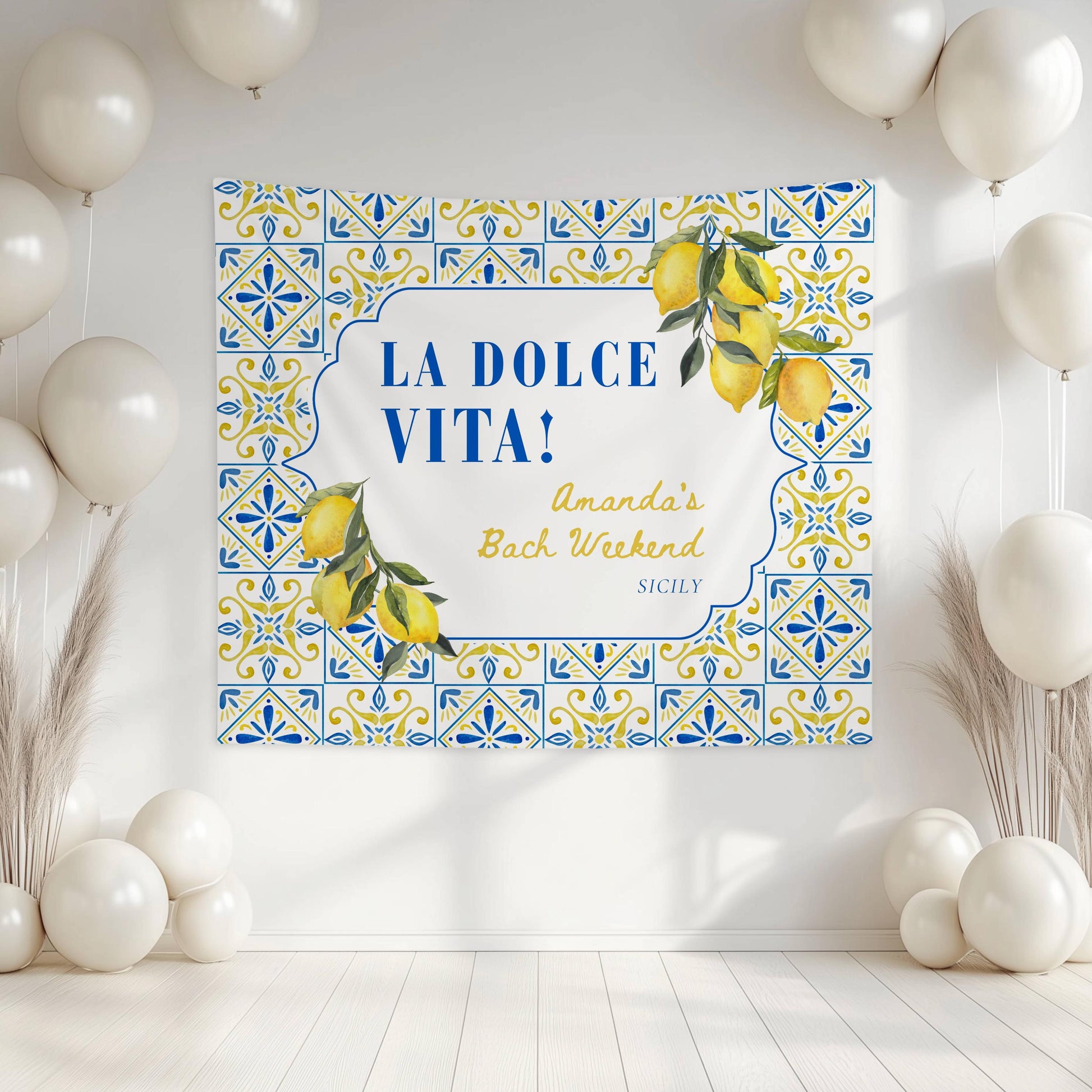 La Dolce Vita Backdrop Italy Bridal Shower Custom Mediterranean Bach Decor Limoncello Bachelorette Banner Lemon Italian Bachelorette Blue - LAUMIANstudio