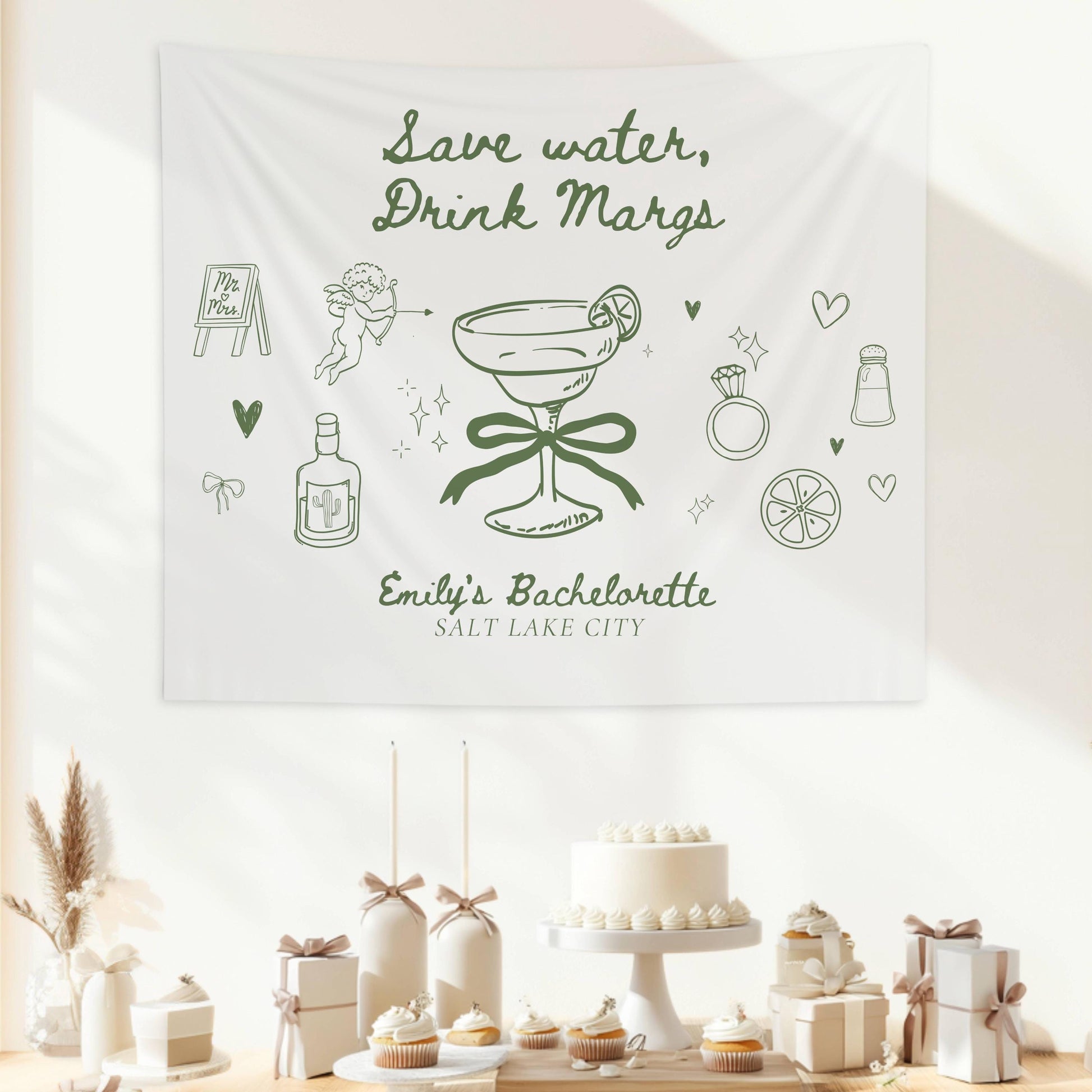 Save Water Drink Margs Banner: Mexico Bachelorette Decor, Margarita Wall Tapestry for Bridal Shower - LAUMIANstudio