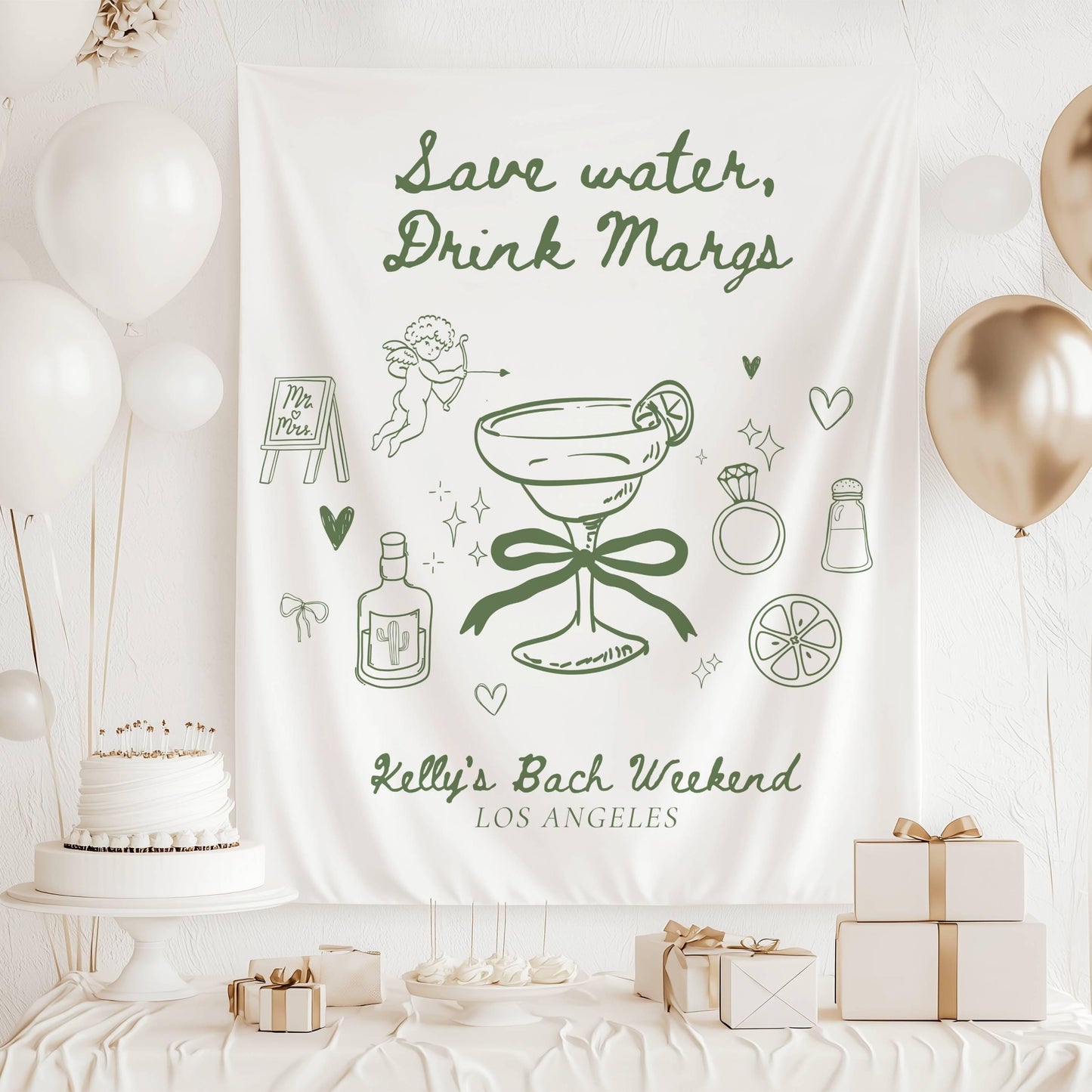 Margaritas & Matrimony Backdrop: Personalized Bachelorette Banner, Sage Green, Bridal Shower Decor - LAUMIANstudio