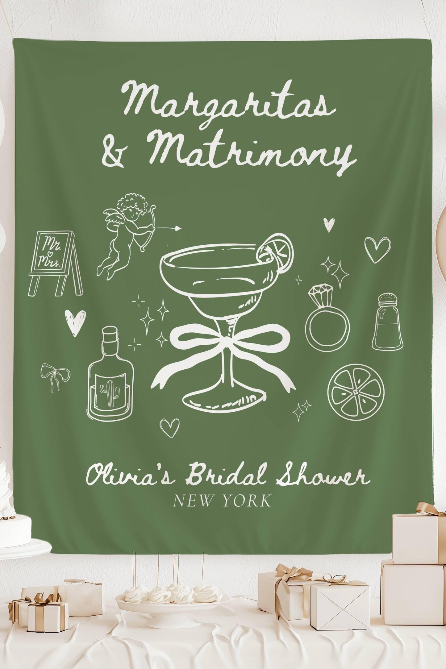 Margaritas & Matrimony Backdrop: Personalized Bachelorette Banner, Sage Green, Bridal Shower Decor - LAUMIANstudio