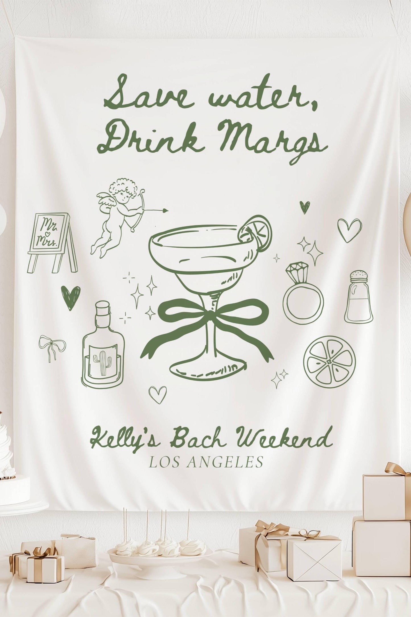 Save Water Drink Margs Banner: Mexico Bachelorette Decor, Margarita Wall Tapestry for Bridal Shower - LAUMIANstudio