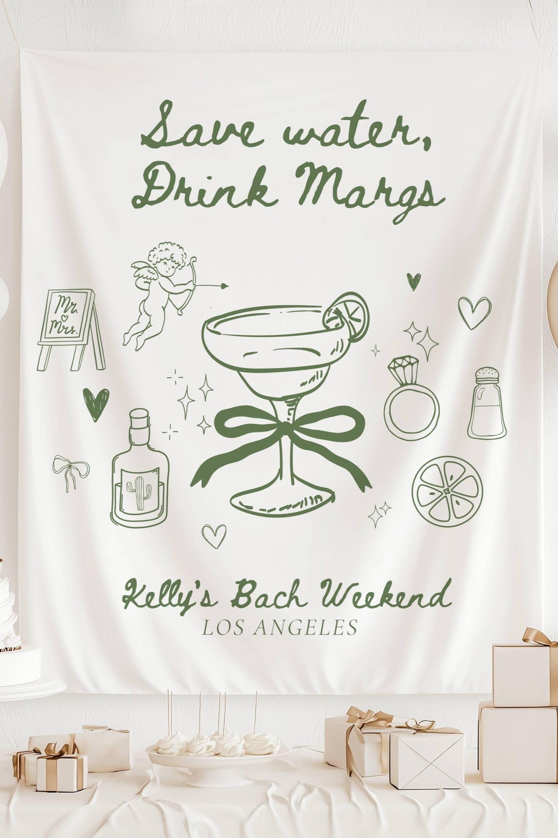 Save Water Drink Margs Banner: Mexico Bachelorette Decor, Margarita Wall Tapestry for Bridal Shower - LAUMIANstudio