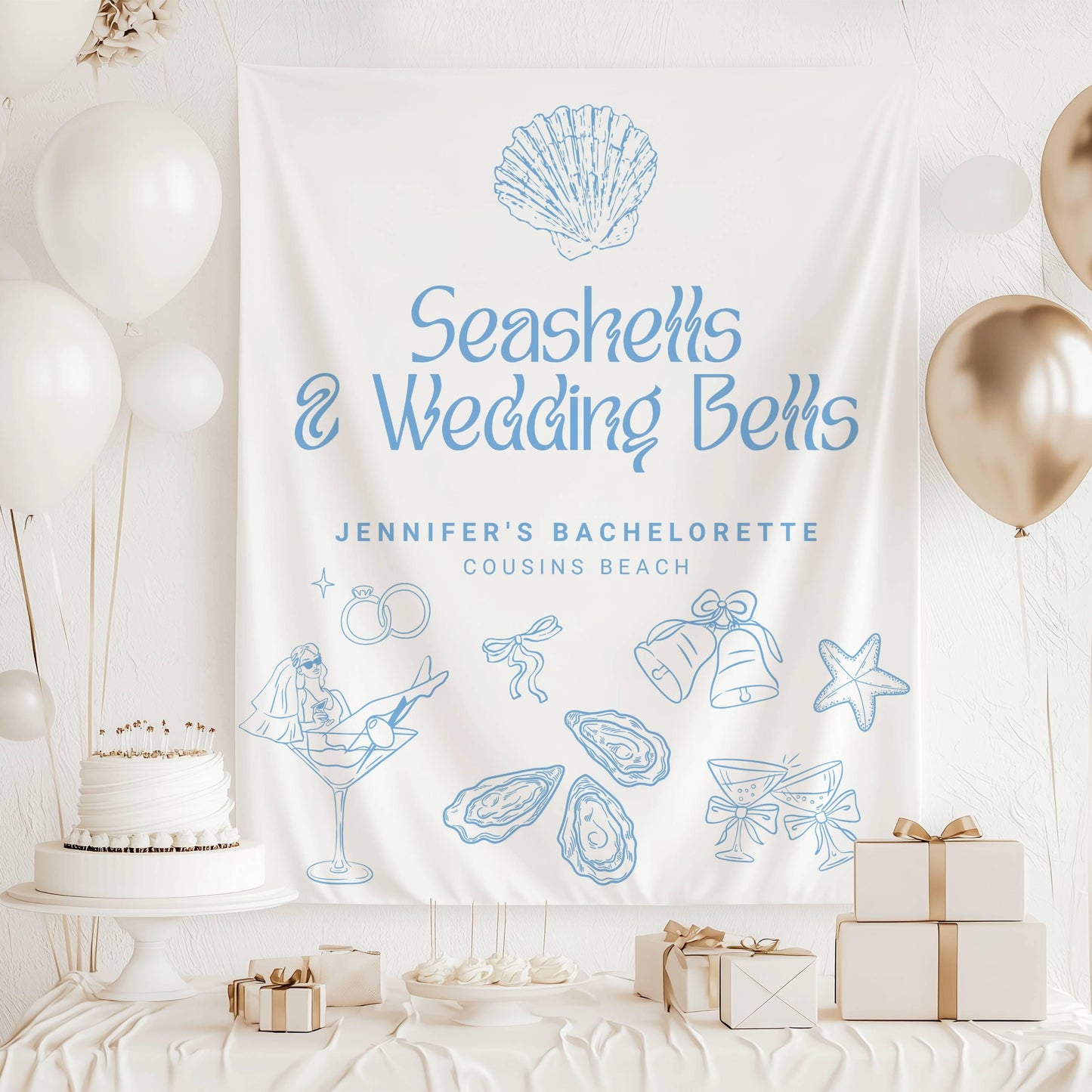 Seashells & Wedding Bells Banner: Personalized Bachelorette Backdrop, Blue, Lineart Graphics - LAUMIANstudio