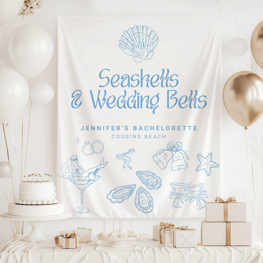 Seashells & Wedding Bells Banner: Personalized Bachelorette Backdrop, Blue, Lineart Graphics - LAUMIANstudio