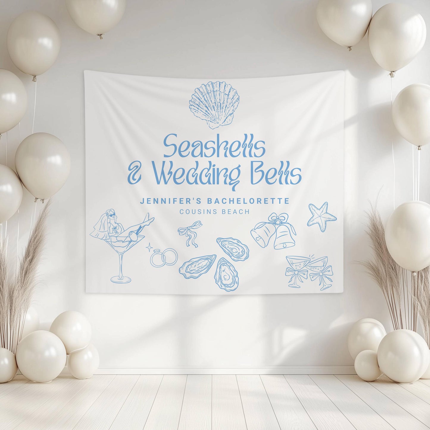 Seashells & Wedding Bells Banner: Personalized Bachelorette Backdrop, Blue, Lineart Graphics - LAUMIANstudio