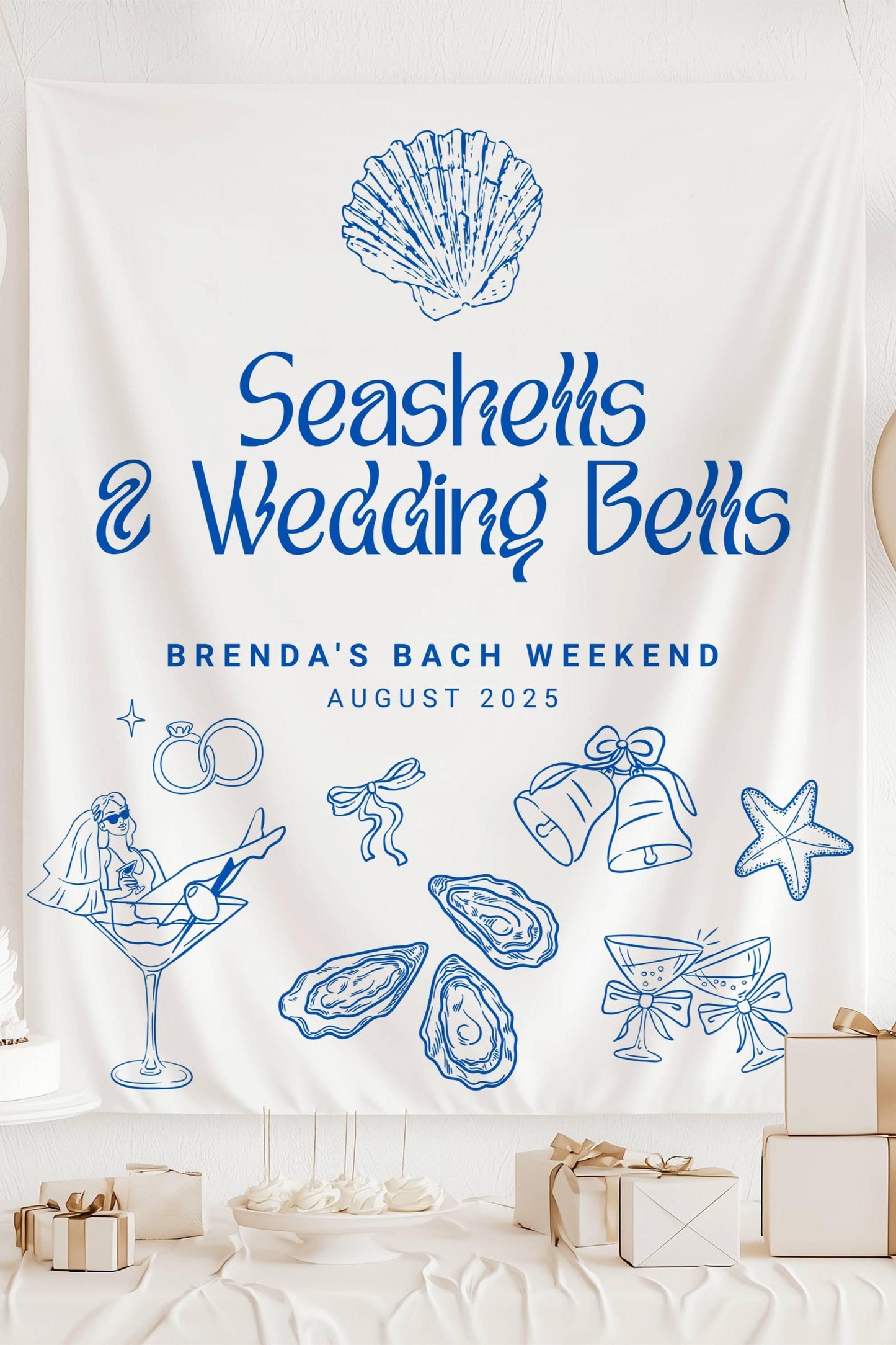 Seashells and Wedding Bells Banner: Personalized Bachelorette Decor, Coastal Bridal Shower - LAUMIANstudio