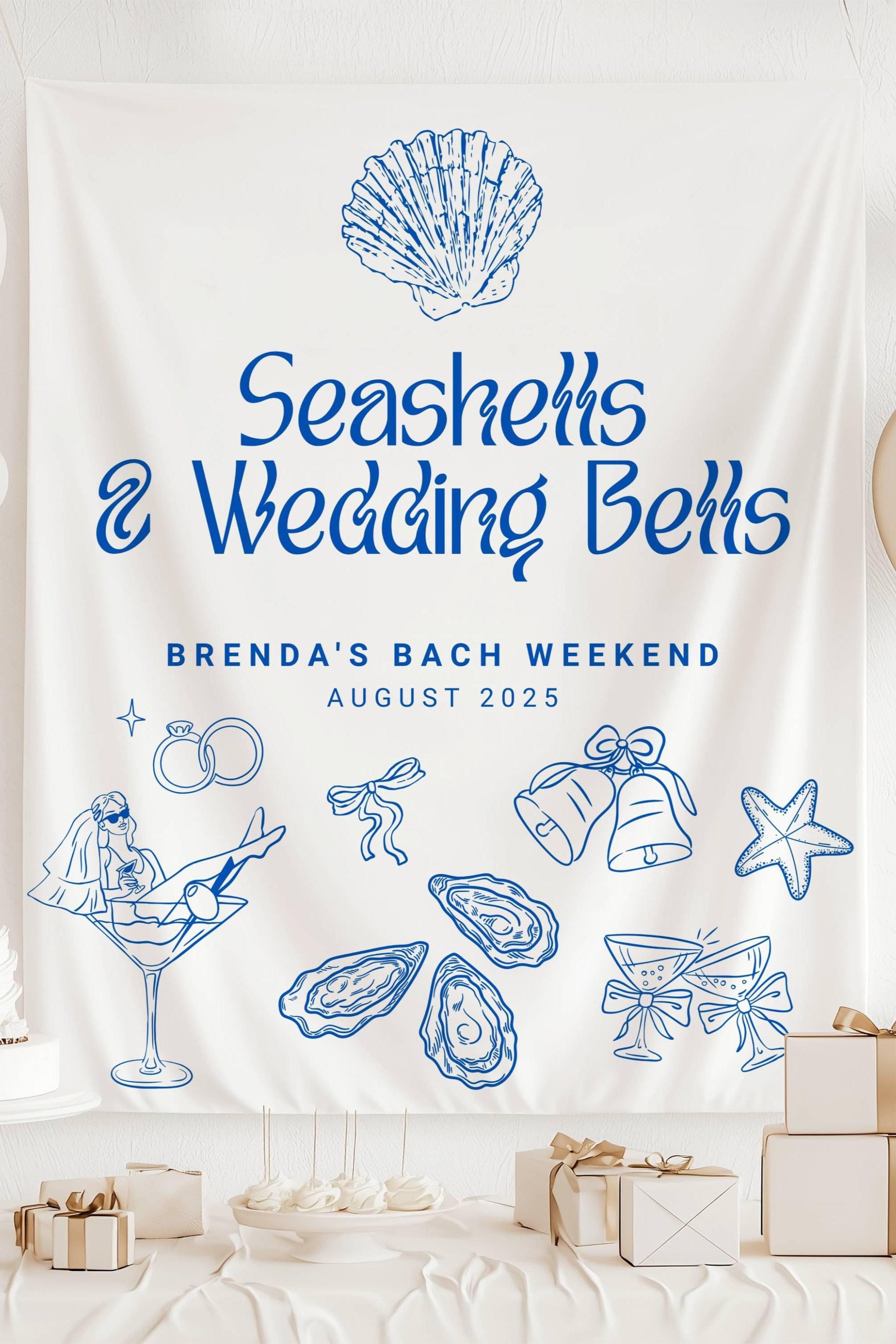 Seashells and Wedding Bells Banner: Personalized Bachelorette Decor, Coastal Bridal Shower - LAUMIANstudio