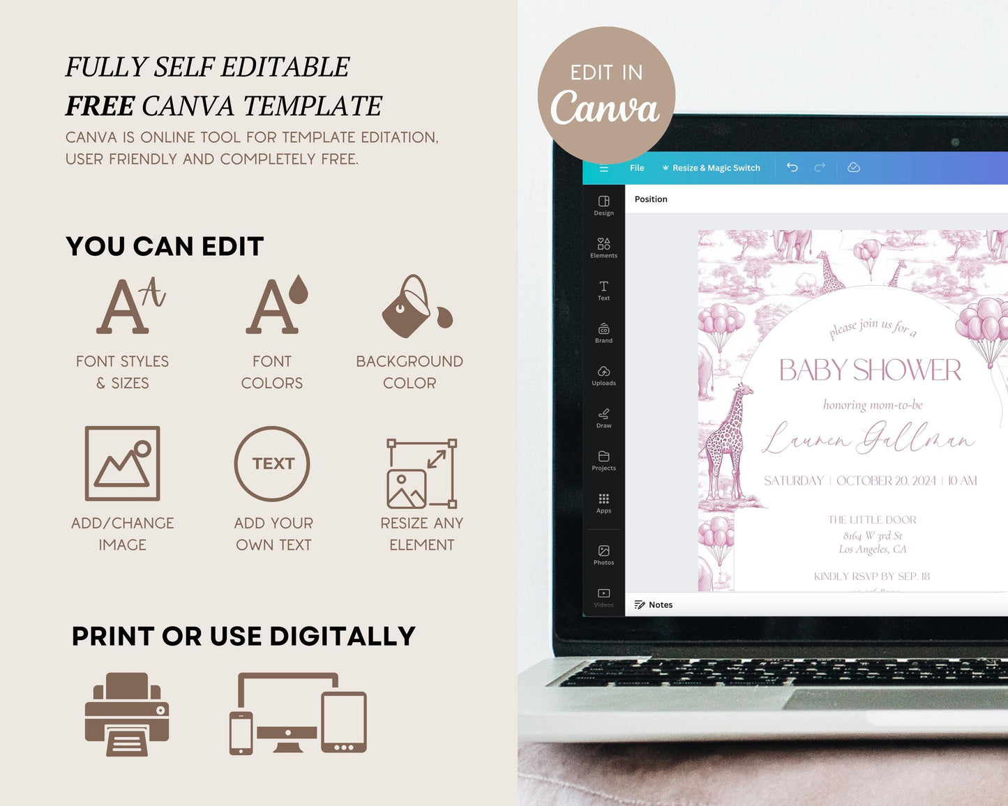 Pink Toile Safari Welcome Sign: 1st Birthday, Editable Canva Template - LAUMIANstudio