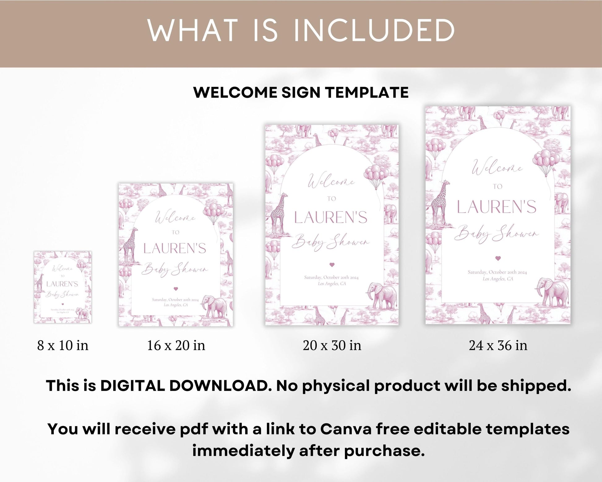 Pink Toile Baby Shower Welcome Sign Chinoiserie Girl Baby Shower Welcome Sign Editable Template Canva Welcome Sign Toile Baby Shower Decor - LAUMIANstudio