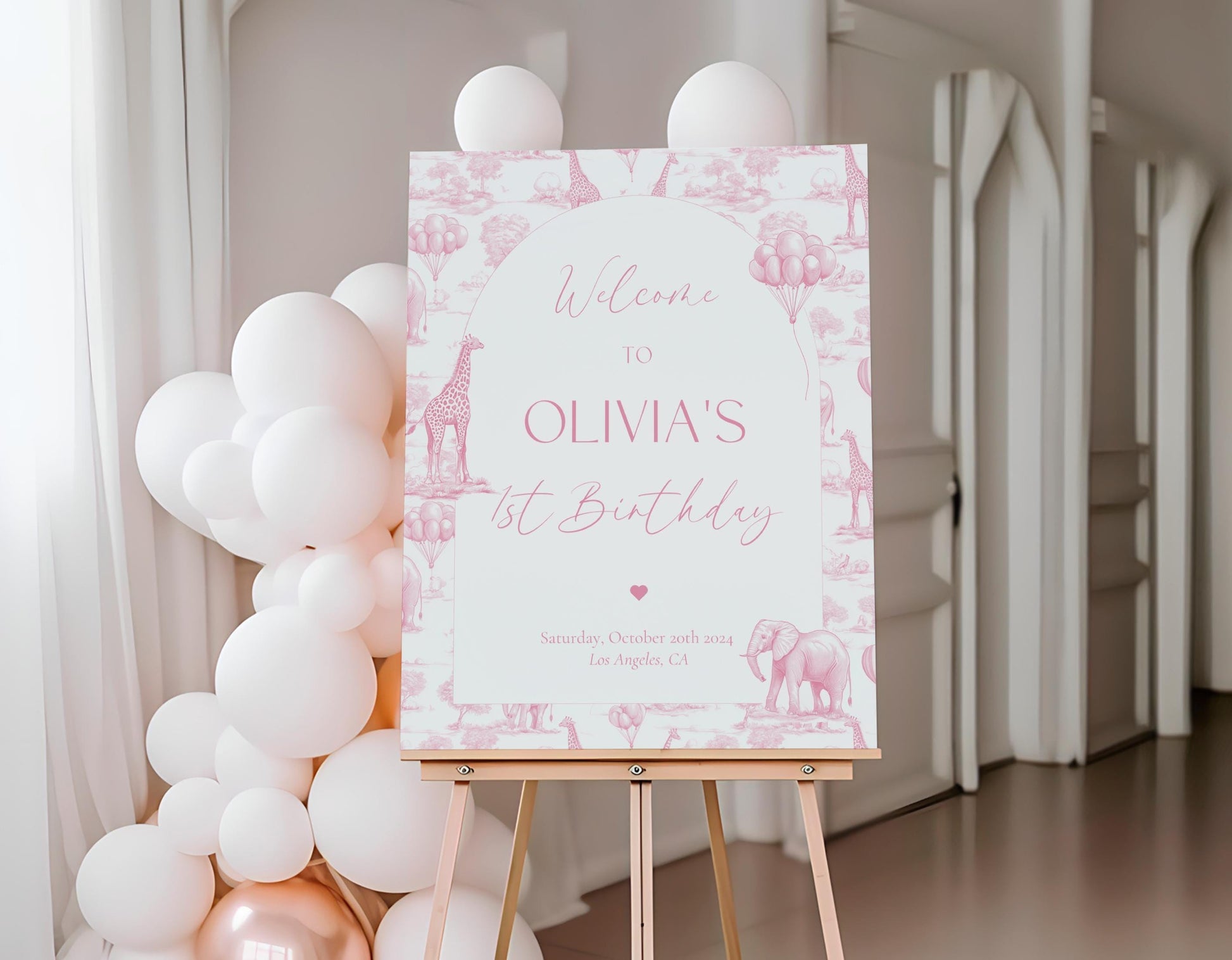 Pink Toile Safari Welcome Sign: 1st Birthday, Editable Canva Template - LAUMIANstudio