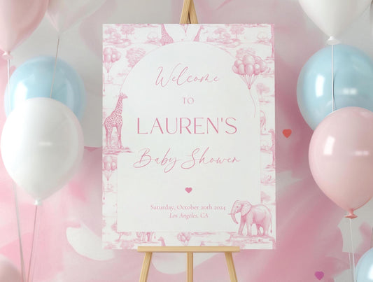Pink Safari Welcome Sign Toile Animal Pink Baby Shower Sign Elegant Baby Girl Baby Shower Decor Editable Template Pink Shower Banner Balloon - LAUMIANstudio