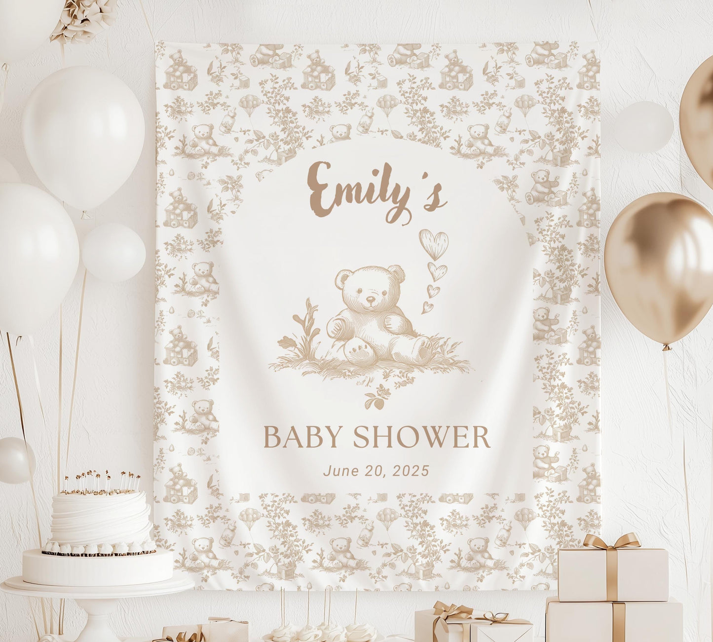 Custom Neutral Teddy Baby Shower Banner Toile Beige Nursery Decor Boho Bear Sign Beige Balloon Bear Shower Brown Bear Backdrop Neutral Sign - LAUMIANstudio